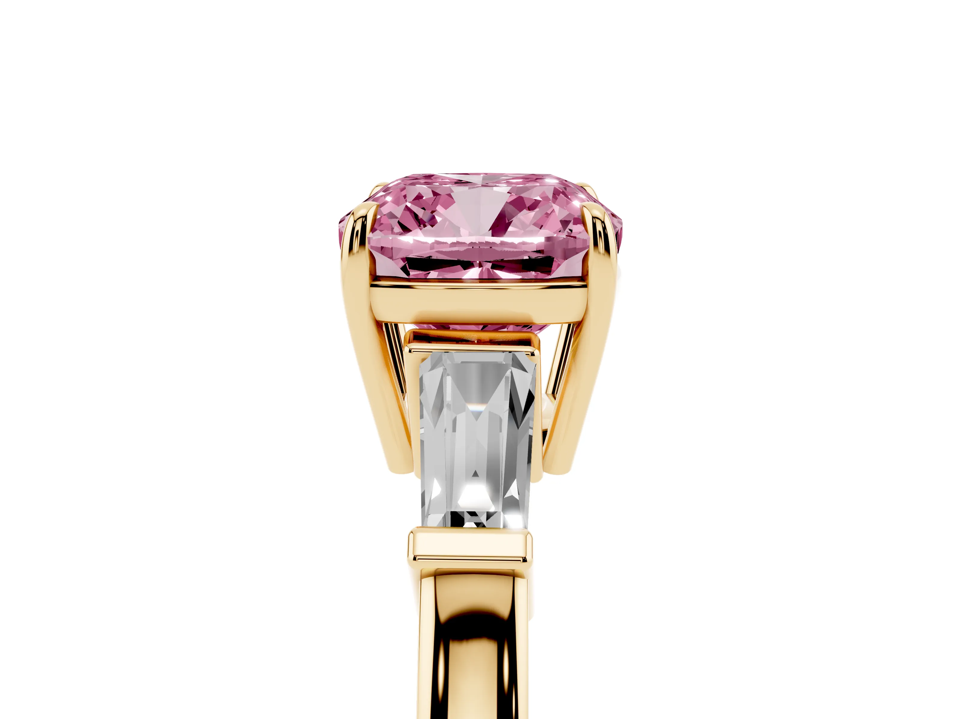Fancy Pink Cushion Cut Diamond Three-Stone Ring Set in Yellow gold with Tapered Baguette Side Stones and Prong Setting