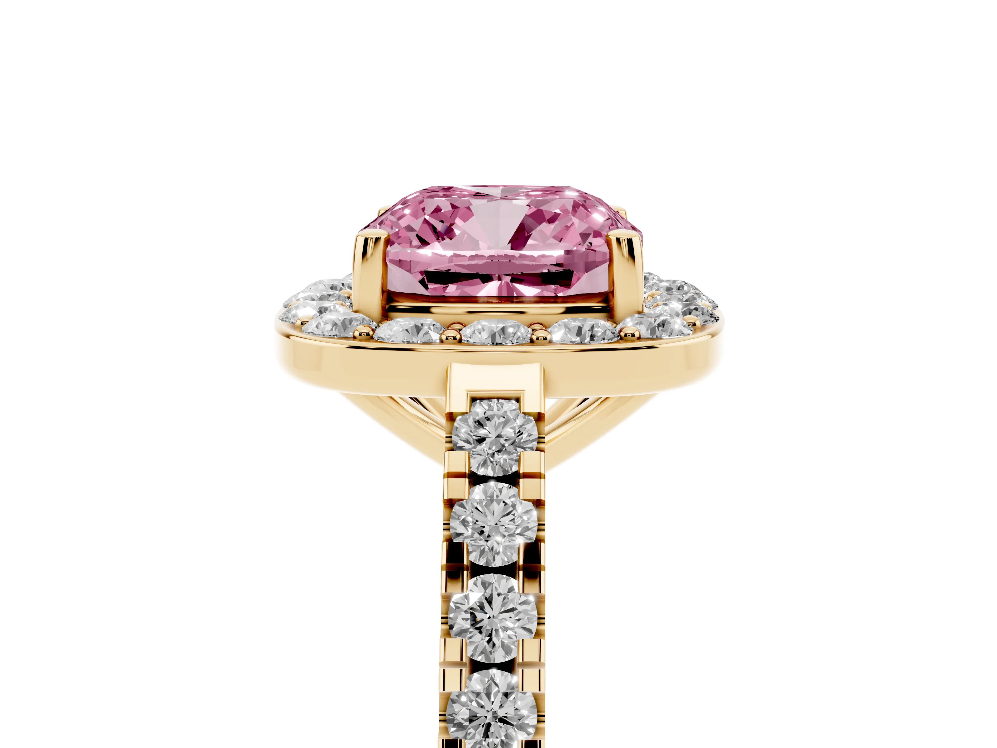 Fancy Pink Cushion Cut Diamond Halo Ring Set in Yellow gold with Round Pavé Split Shank and Prong Setting