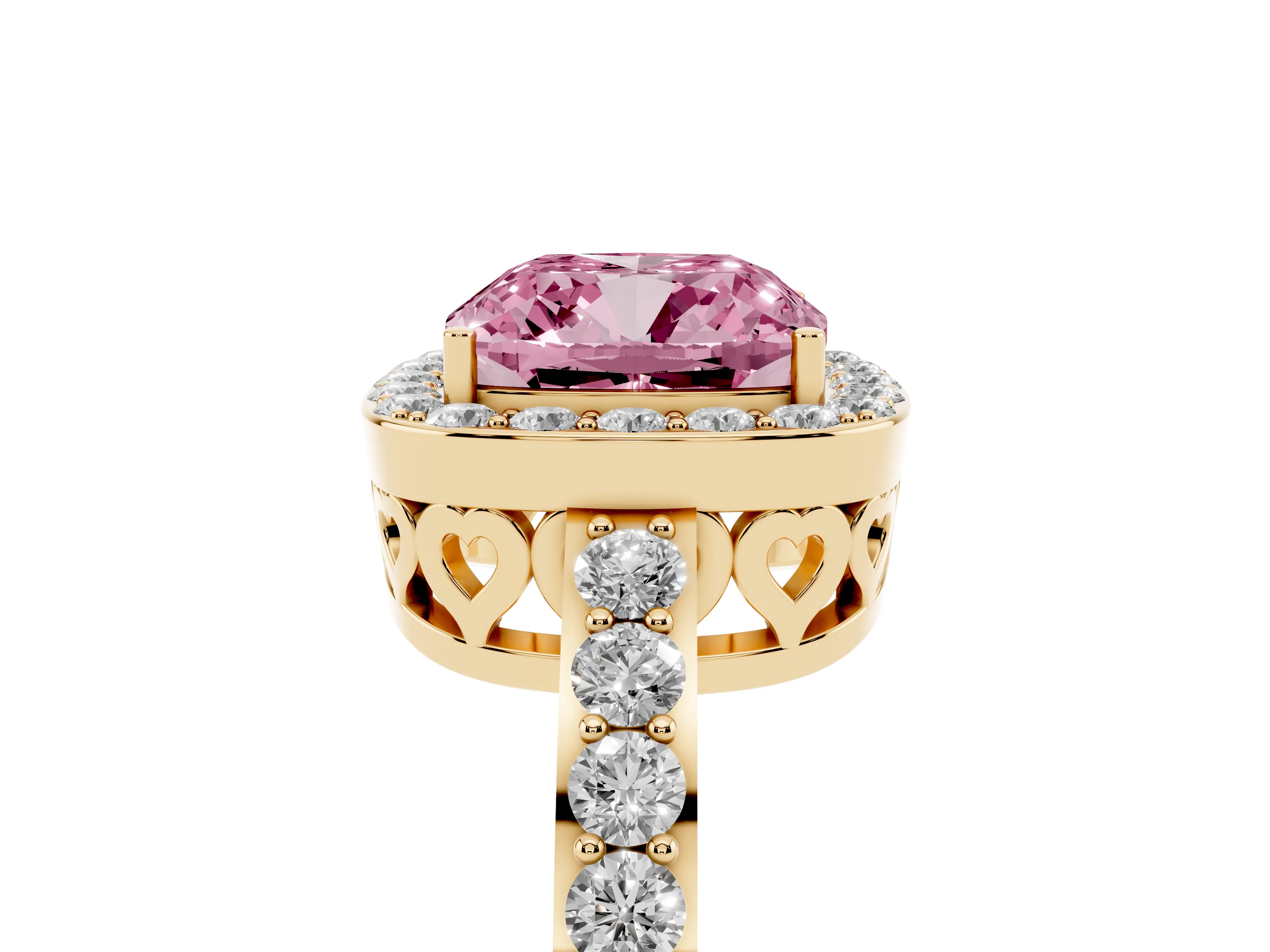 Fancy Pink Cushion Cut Diamond Halo Ring Set in Yellow gold with Pavé-Setting Band and Open Prong Center