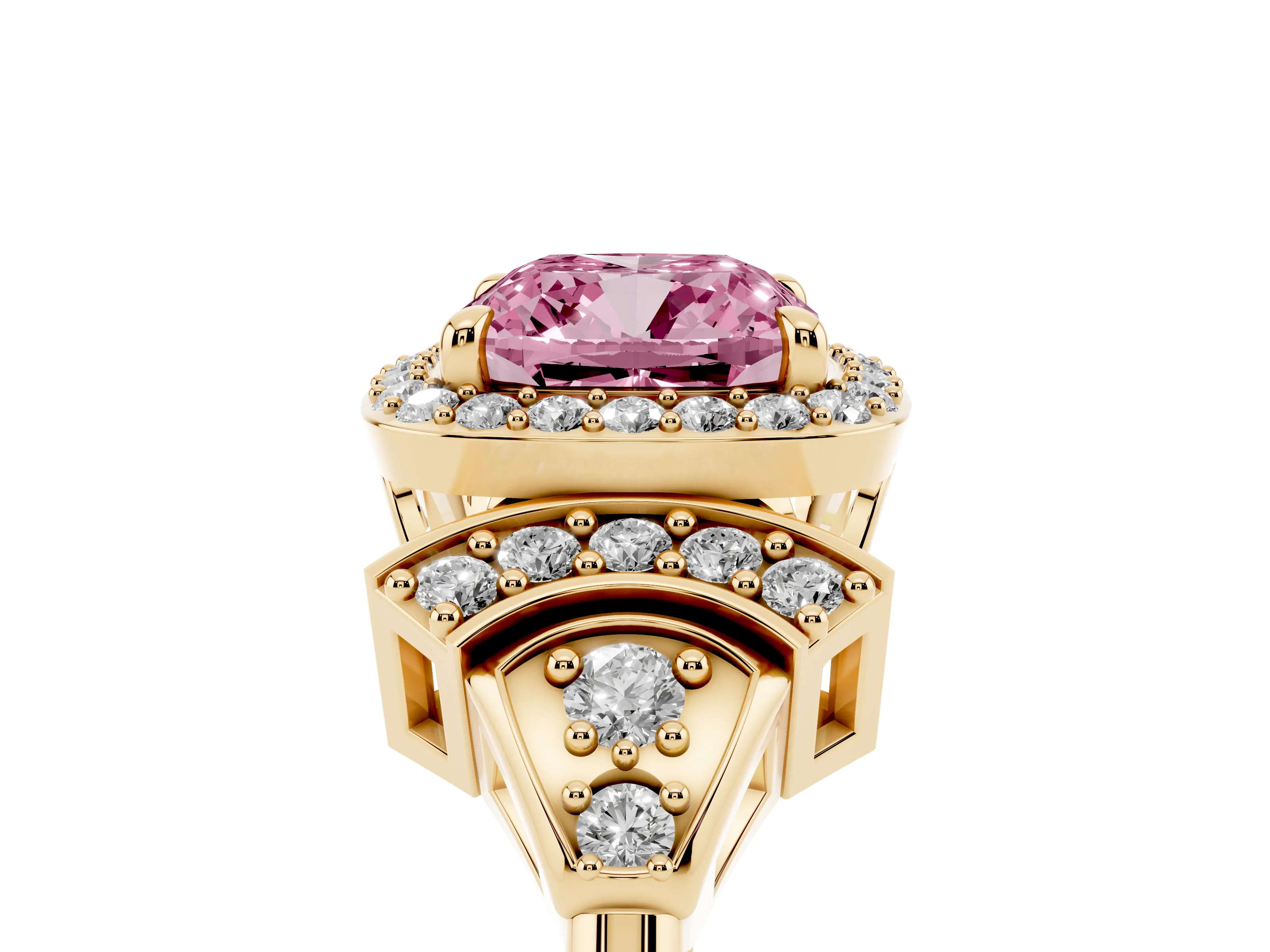 Fancy Pink Cushion Cut Diamond Halo Engagement Ring Set in Yellow gold with Accent Stone Split Shank