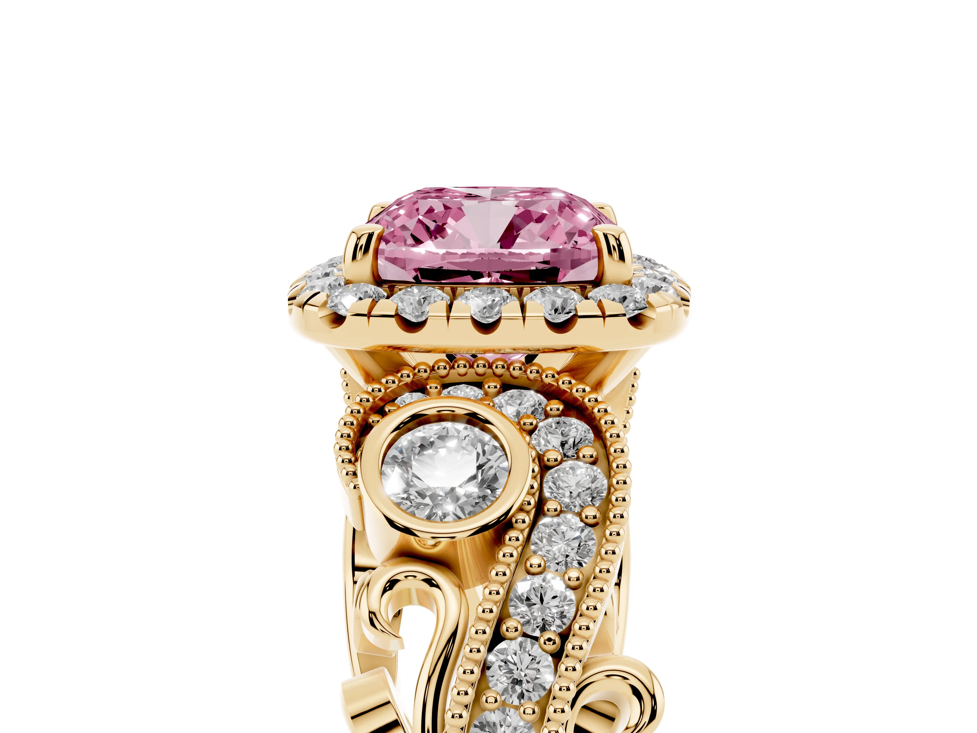 Fancy Pink Cushion Cut Diamond Halo Ring Set in Yellow gold with Milgrain Pavé Band and Prong Setting