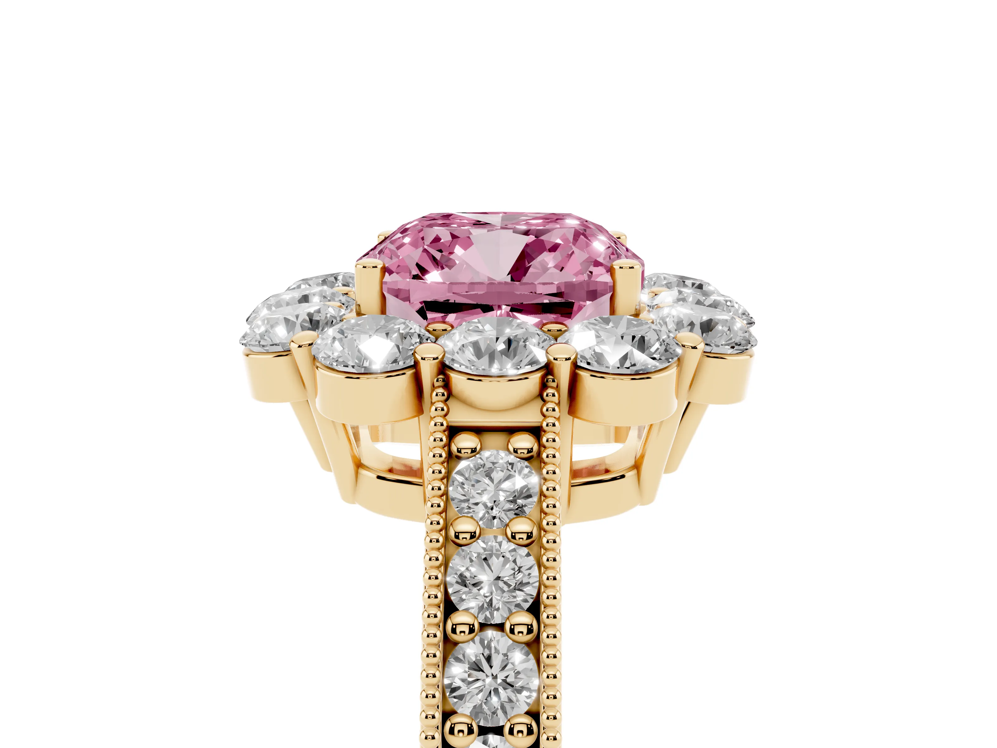 Fancy Pink Cushion Cut Diamond Halo Pavé Engagement Ring Set in Yellow gold with Milgrain Detailing