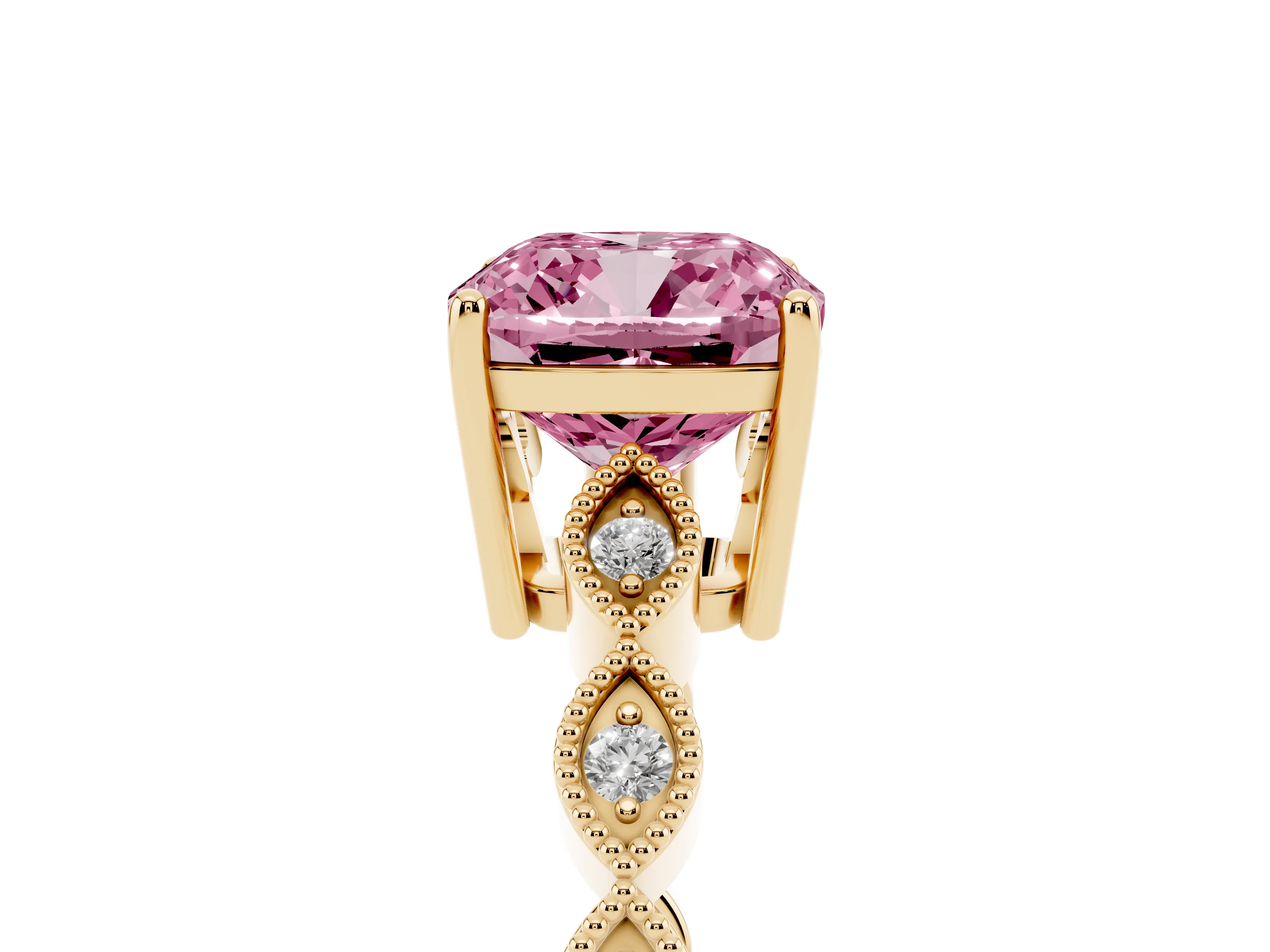 Fancy Pink Cushion Cut Diamond Solitaire Ring Set in Yellow gold with Infinity Twist Pavé Band
