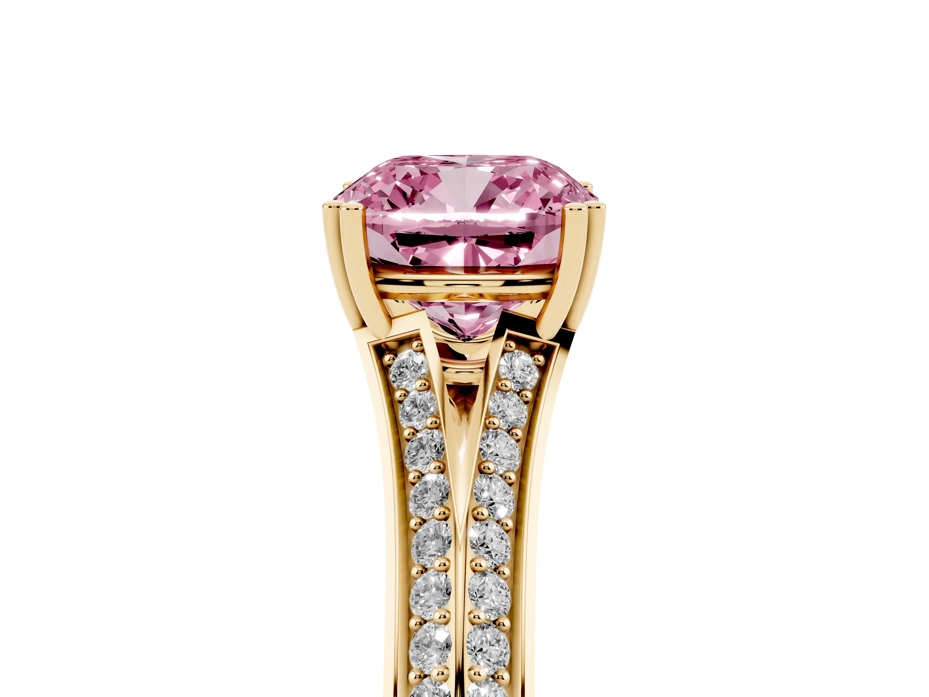 Fancy Pink Cushion Cut Diamond Split Shank Pavé Engagement Ring Set in Yellow gold with Prong-Set Center Stone