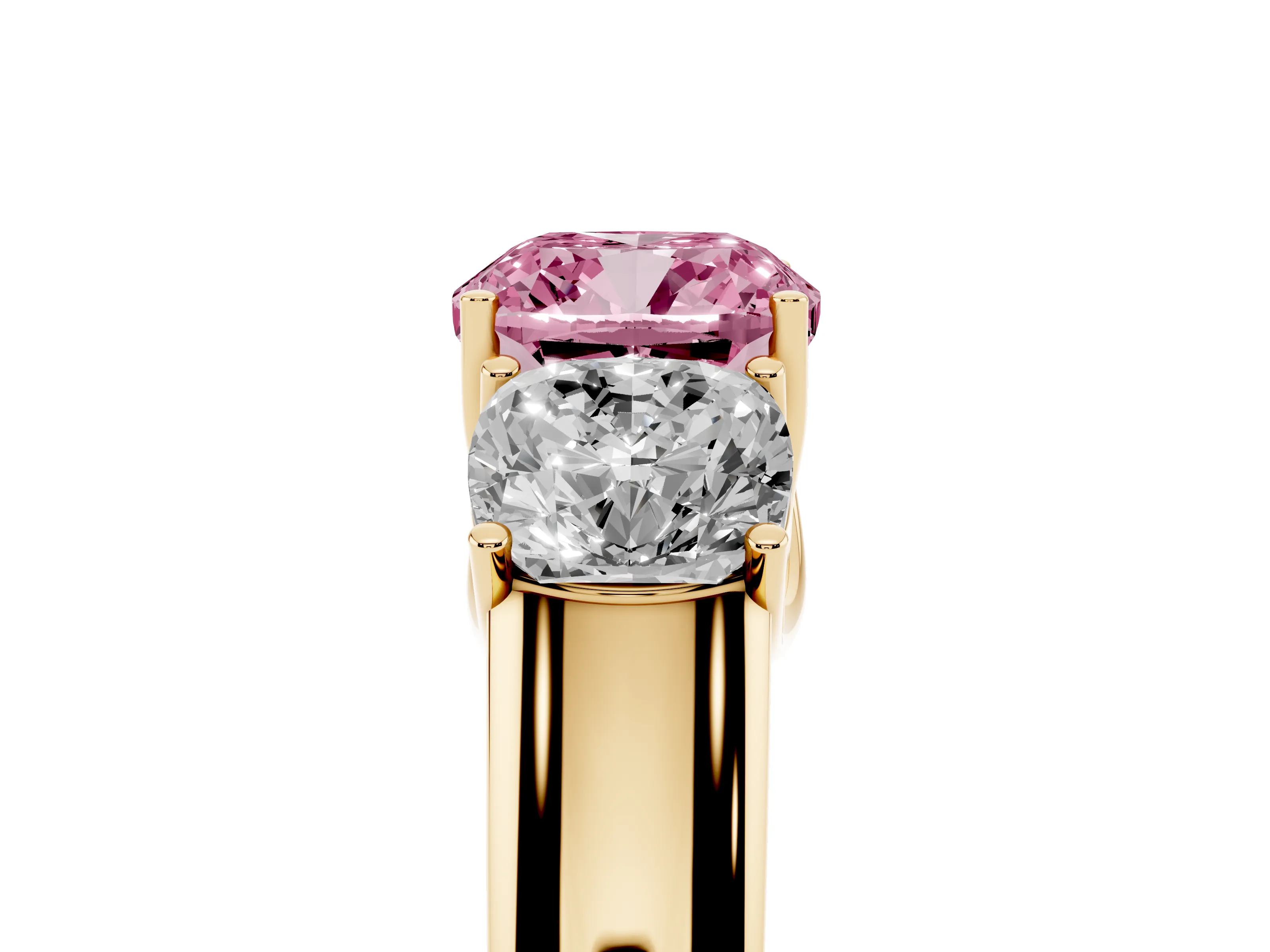 Fancy Pink Three-Stone Cushion Cut Diamond Ring Set in Yellow gold with Matching Prong Settings and Plain Band