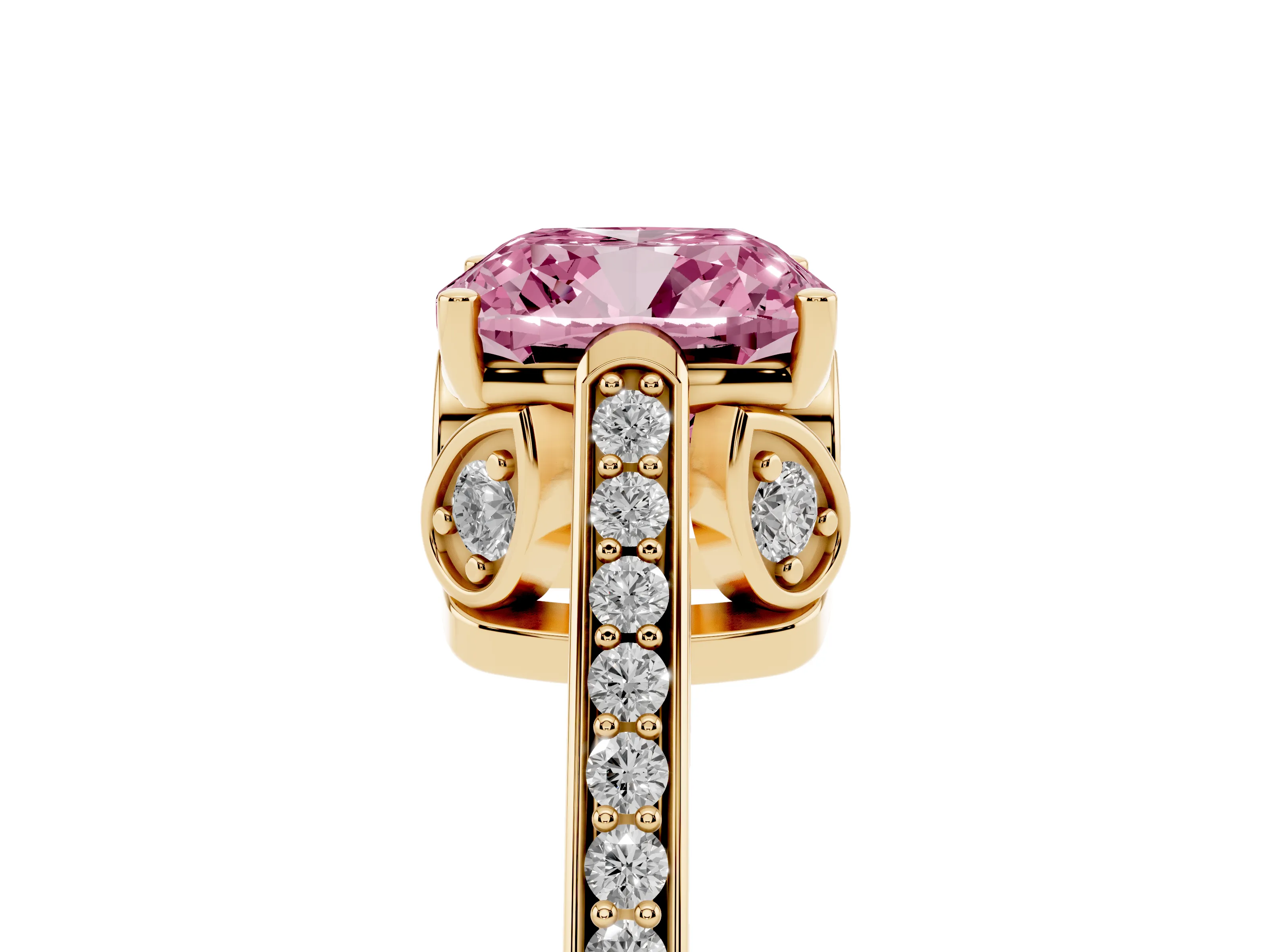 Fancy Pink Cushion Cut Diamond Cathedral Pavé Engagement Ring Set in Yellow gold with Prong Setting