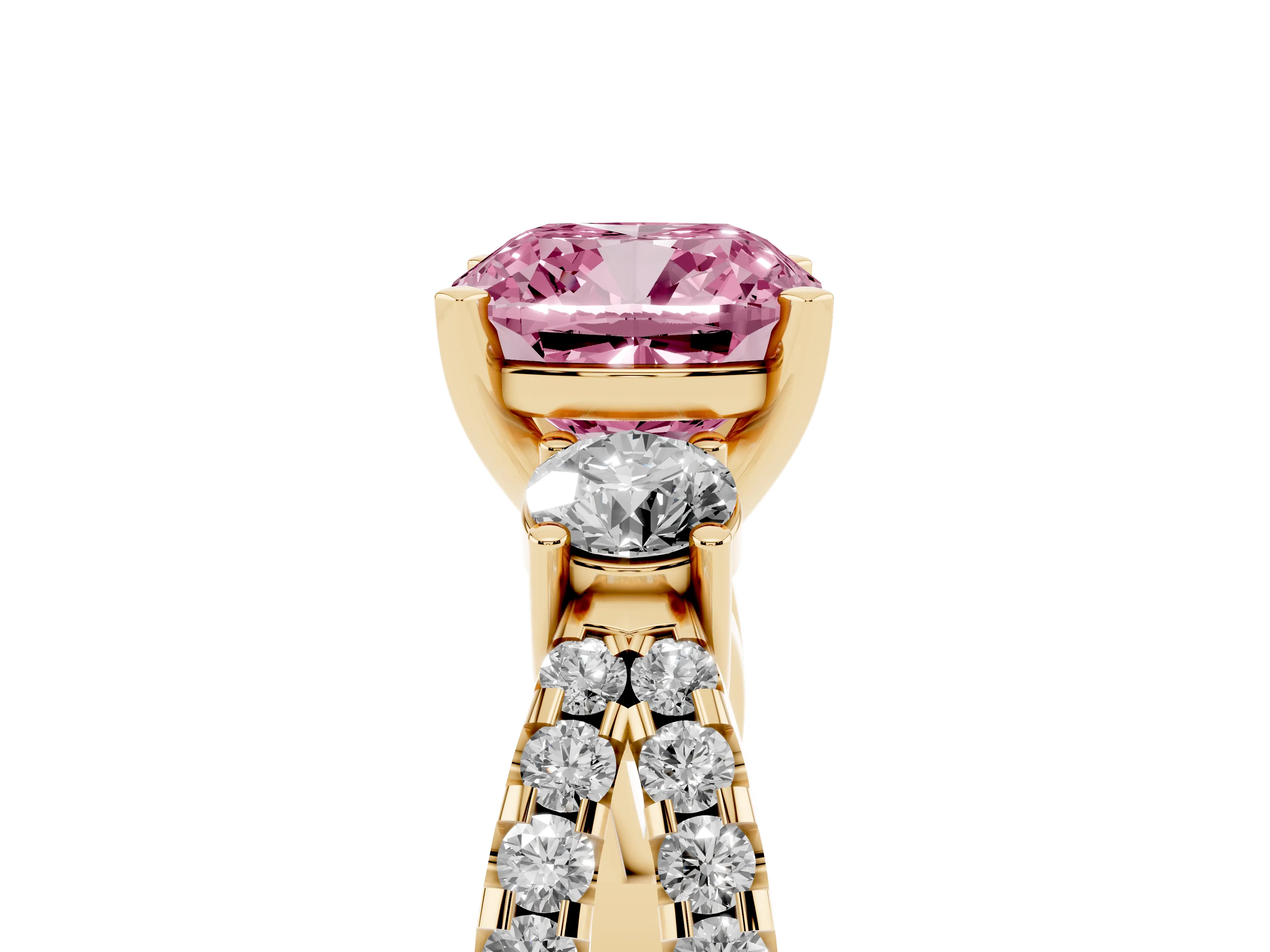 Fancy Pink Cushion Cut Diamond Three-Stone Ring Set in Yellow gold with Pavé Split Shank and Prong Setting