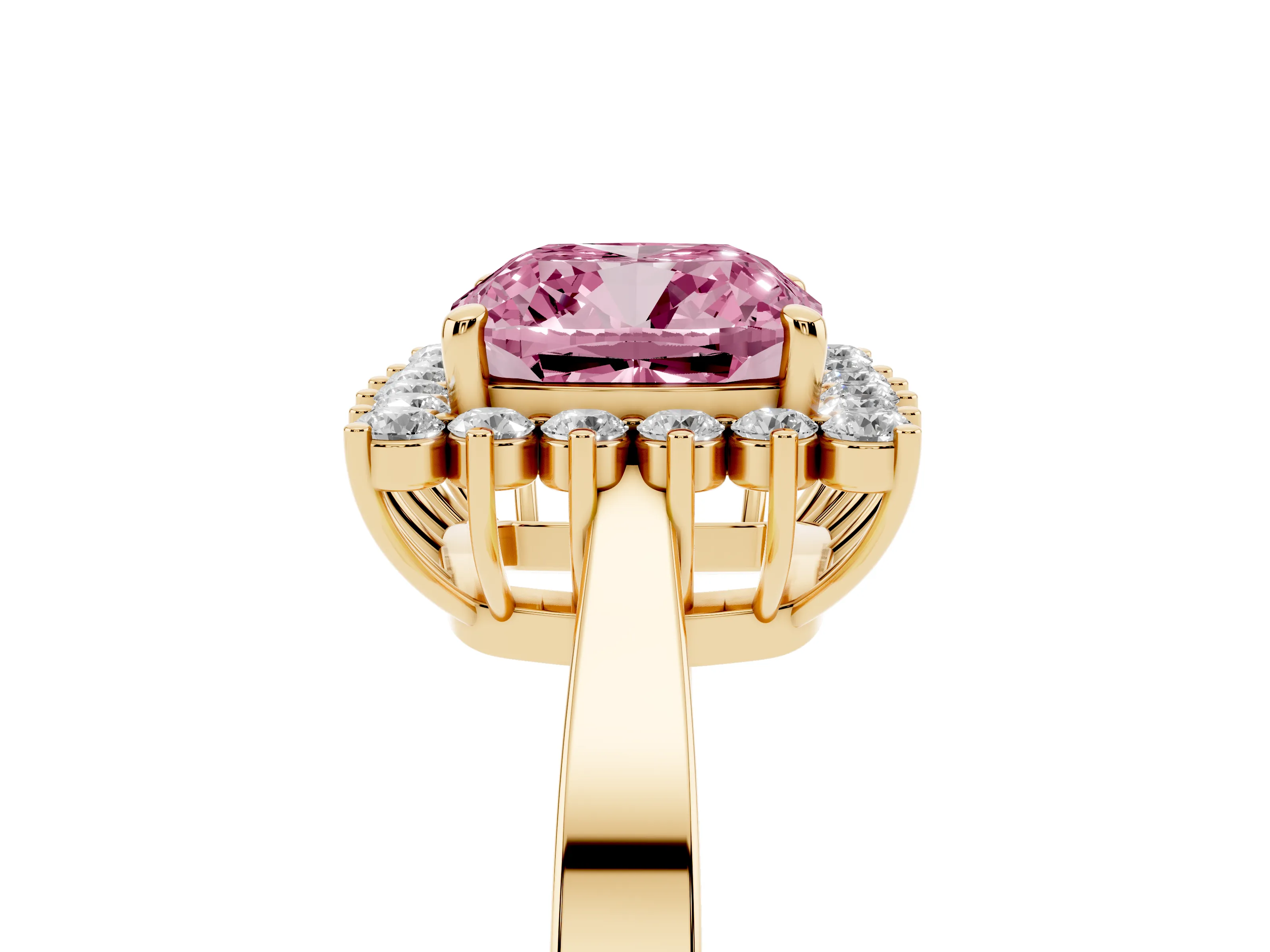 Fancy Pink Cushion Cut Diamond Halo Ring Set in Yellow gold with Round Halo and Smooth Solitaire Band