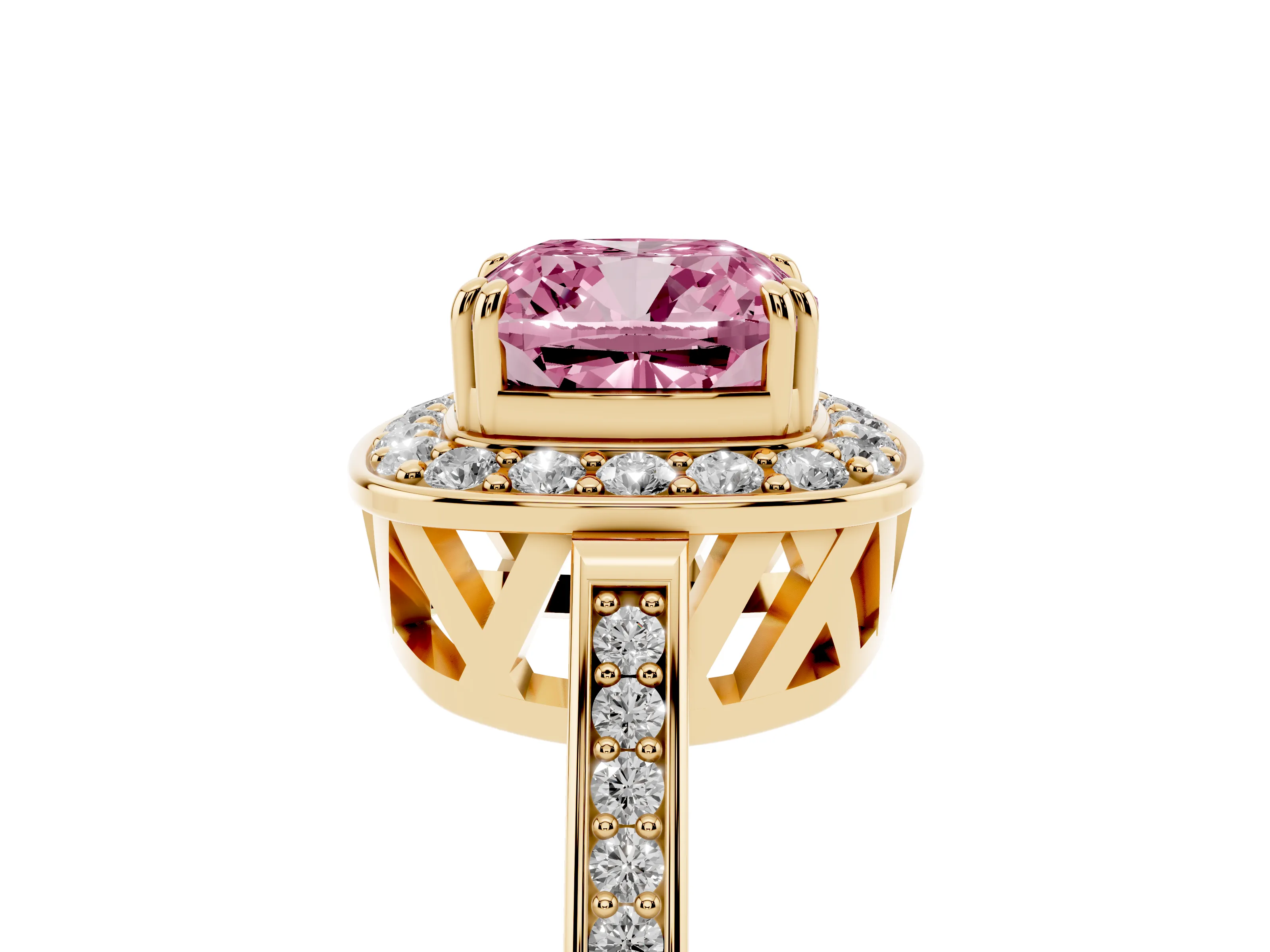 Fancy Pink Cushion Cut Diamond Halo Ring Set in Yellow gold with Accent-Lined Split Shank and Prong Setting