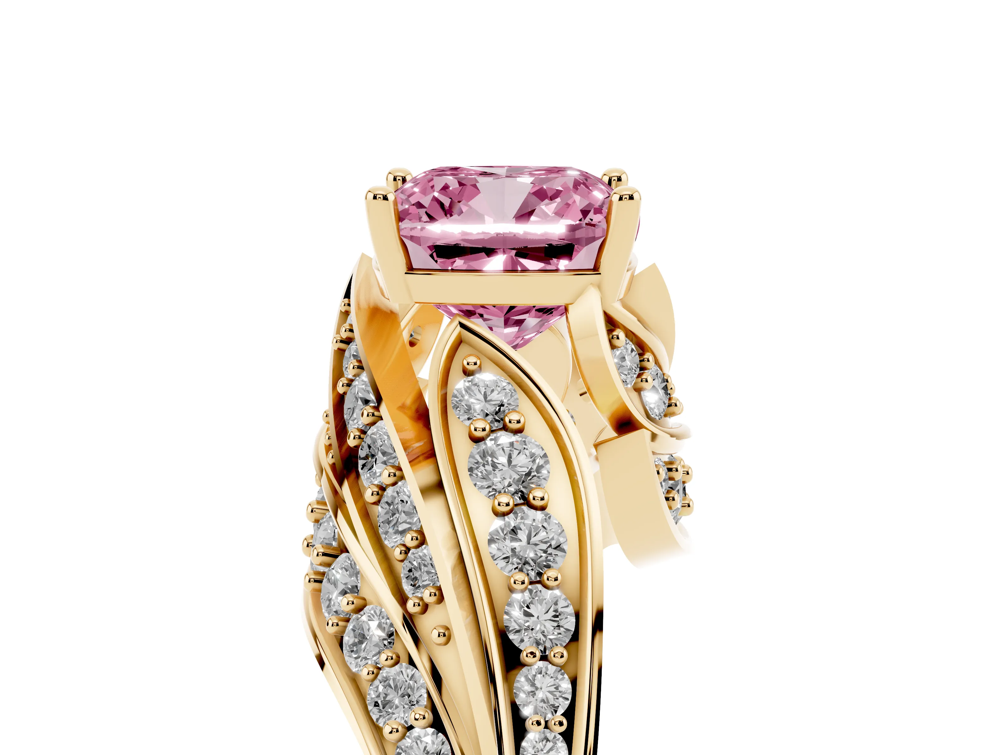 Fancy Pink Cushion Cut Diamond Solitaire Ring Set in Yellow gold with Layered Twist Pavé Band