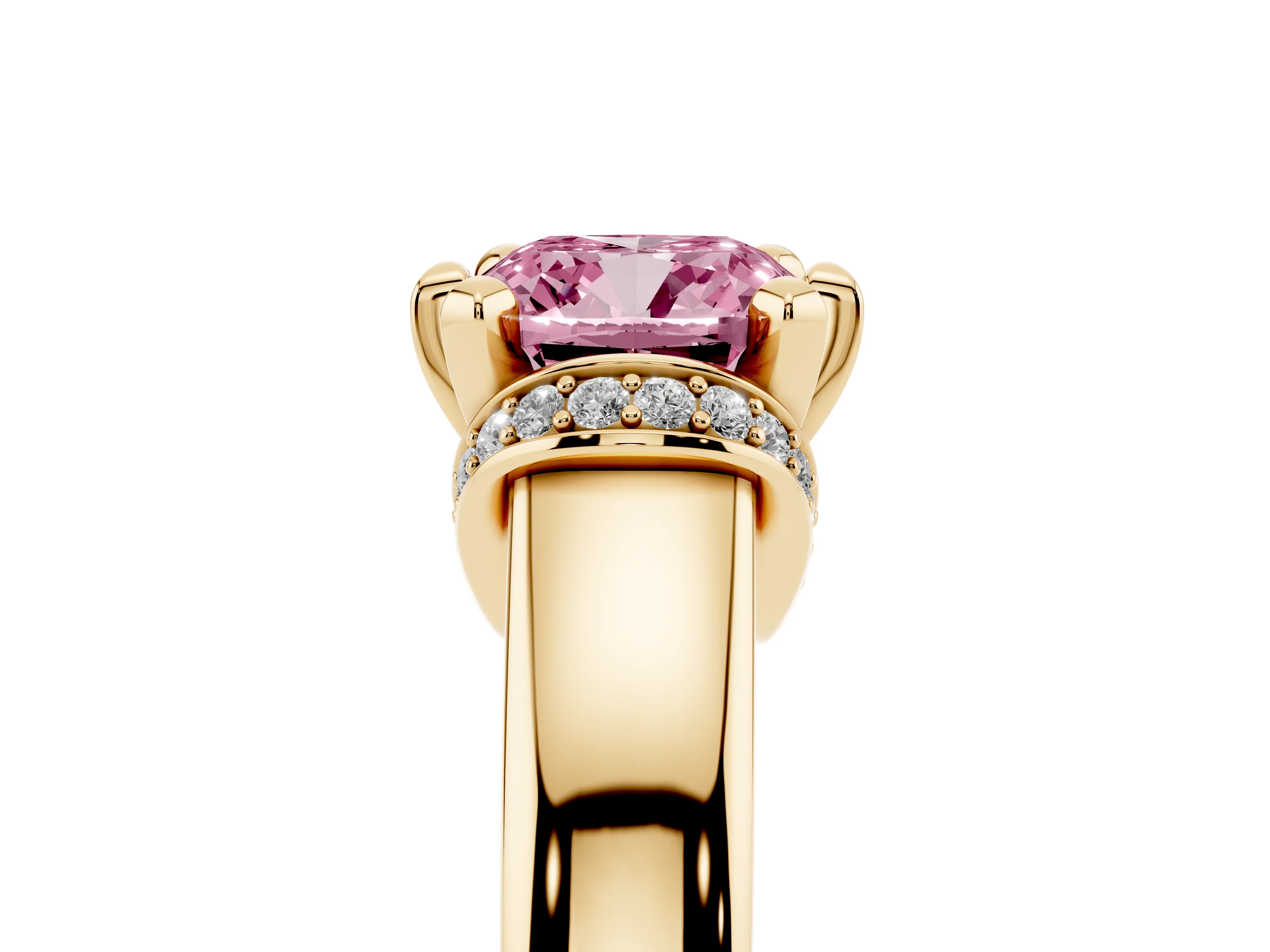 Fancy Pink Cushion Cut Diamond Pavé Band Solitaire Ring Set in Yellow gold with Prong Setting