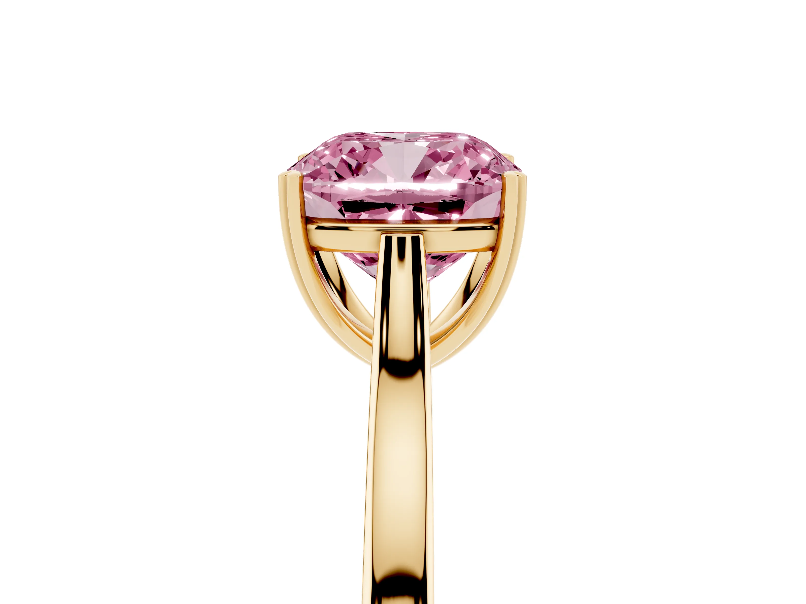 Fancy Pink Cushion Cut Diamond Solitaire Heart Prong Engagement Ring Set in Yellow gold with Tapered Band
