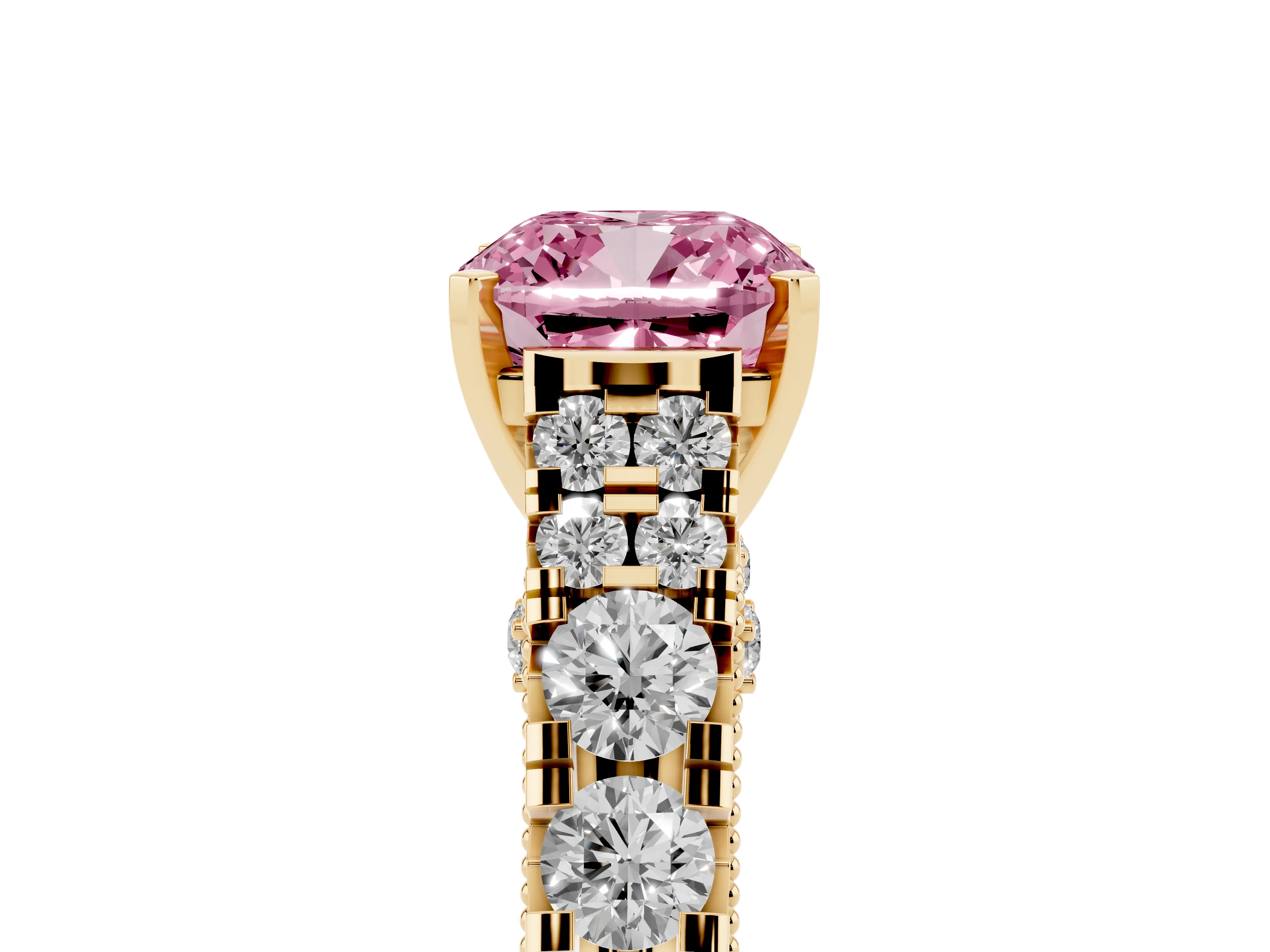 Fancy Pink Cushion Cut Diamond Classic Solitaire Ring Set in Yellow gold with Pavé Band and Prong Setting