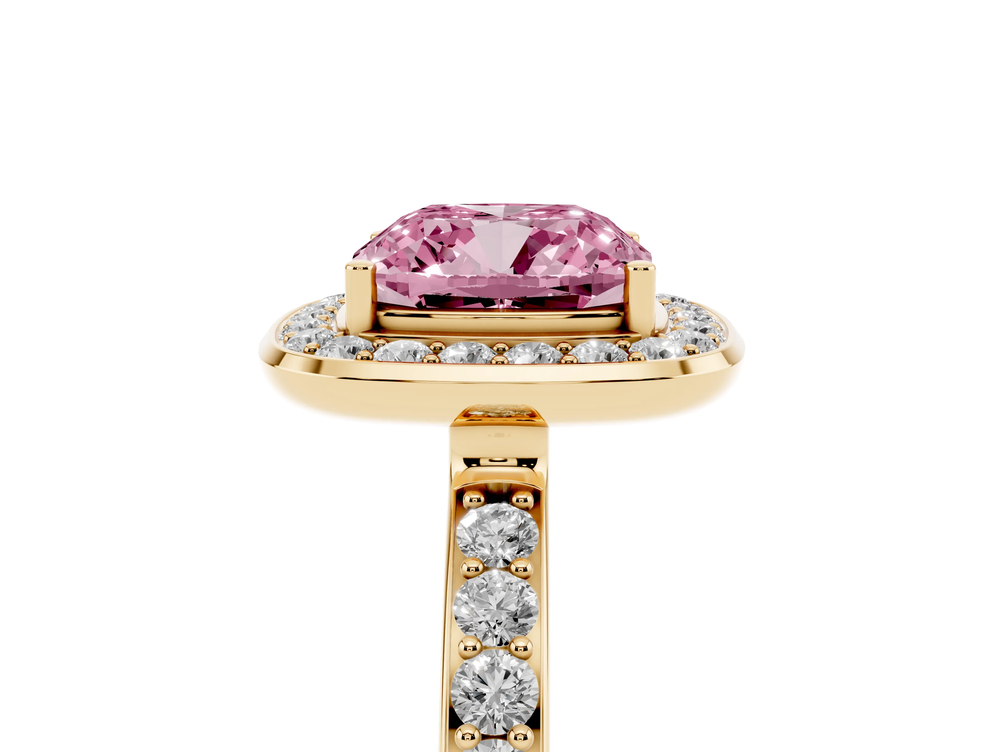 Fancy Pink Cushion Cut Diamond Halo Ring Set in Yellow gold with Bezel Frame and Pavé Band
