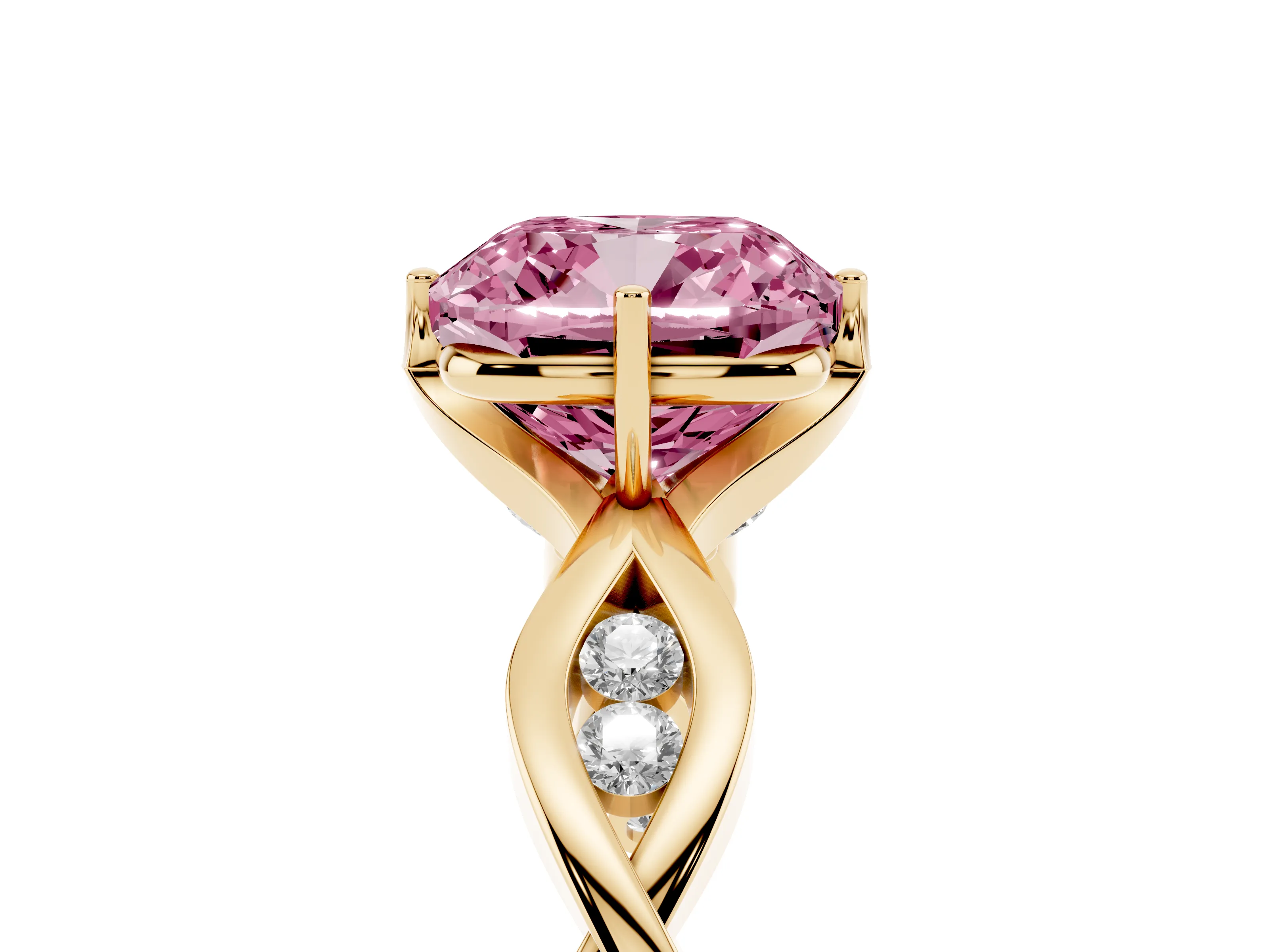 Fancy Pink Cushion Cut Diamond Twist Band Solitaire Ring Set in Yellow gold with Leaf Prong Setting and Accent Stones