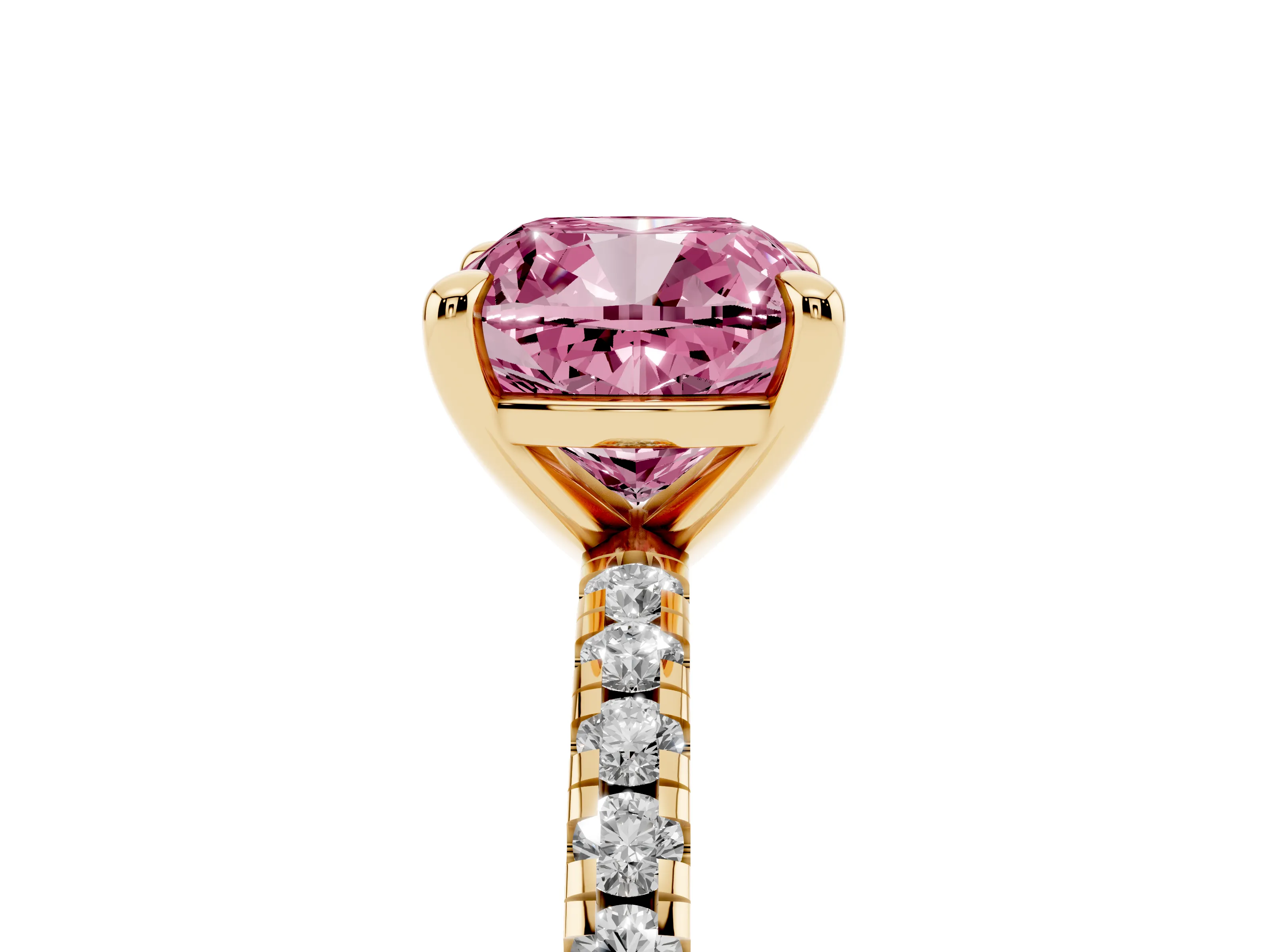 Fancy Pink Cushion Cut Diamond Brilliant Solitaire Ring Set in Yellow gold with Pavé Band and Prong Setting