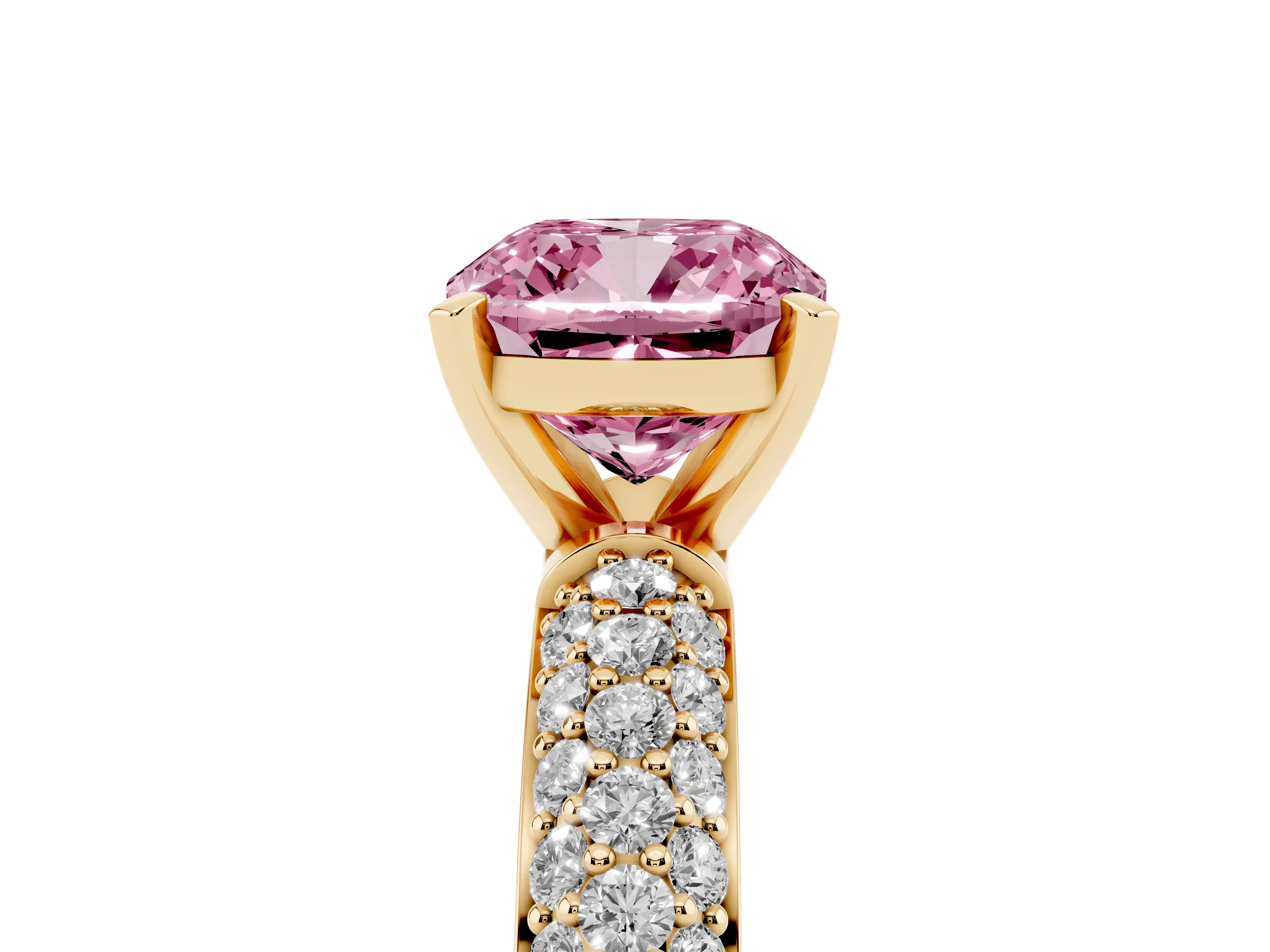 Fancy Pink Cushion Cut Diamond Solitaire Ring Set in Yellow gold with Prong Setting and Pavé-Set Band