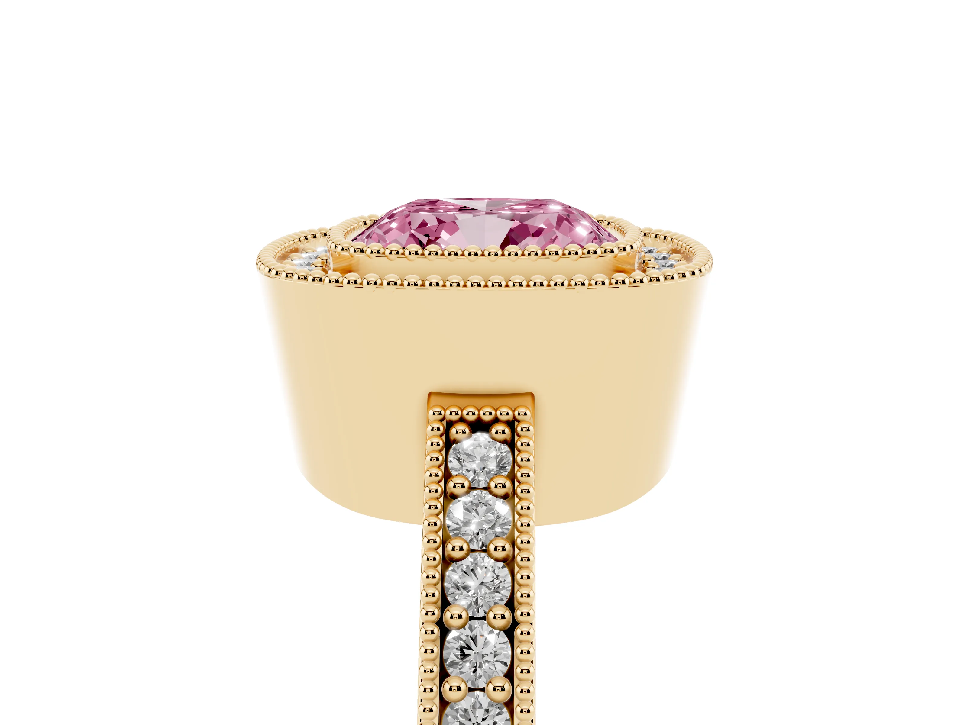 Fancy Pink Cushion Cut Diamond Halo Engagement Ring Set in Yellow gold with Pavé Band and Round Halo Stones