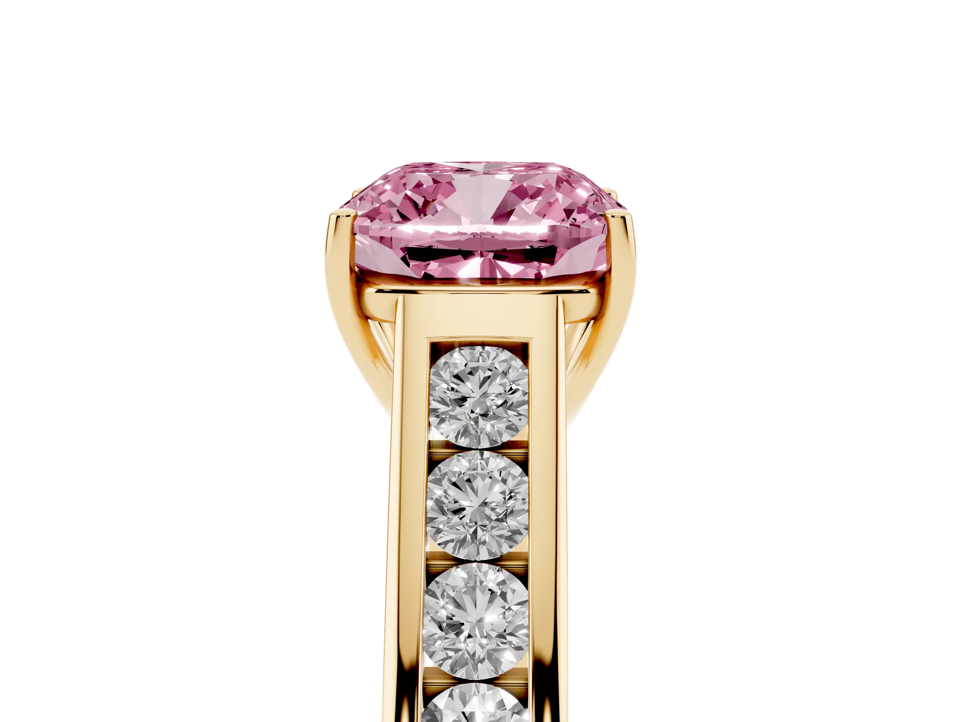 Fancy Pink Cushion Cut Diamond Brilliant Channel-Set Solitaire Ring Set in Yellow gold with Prong Setting
