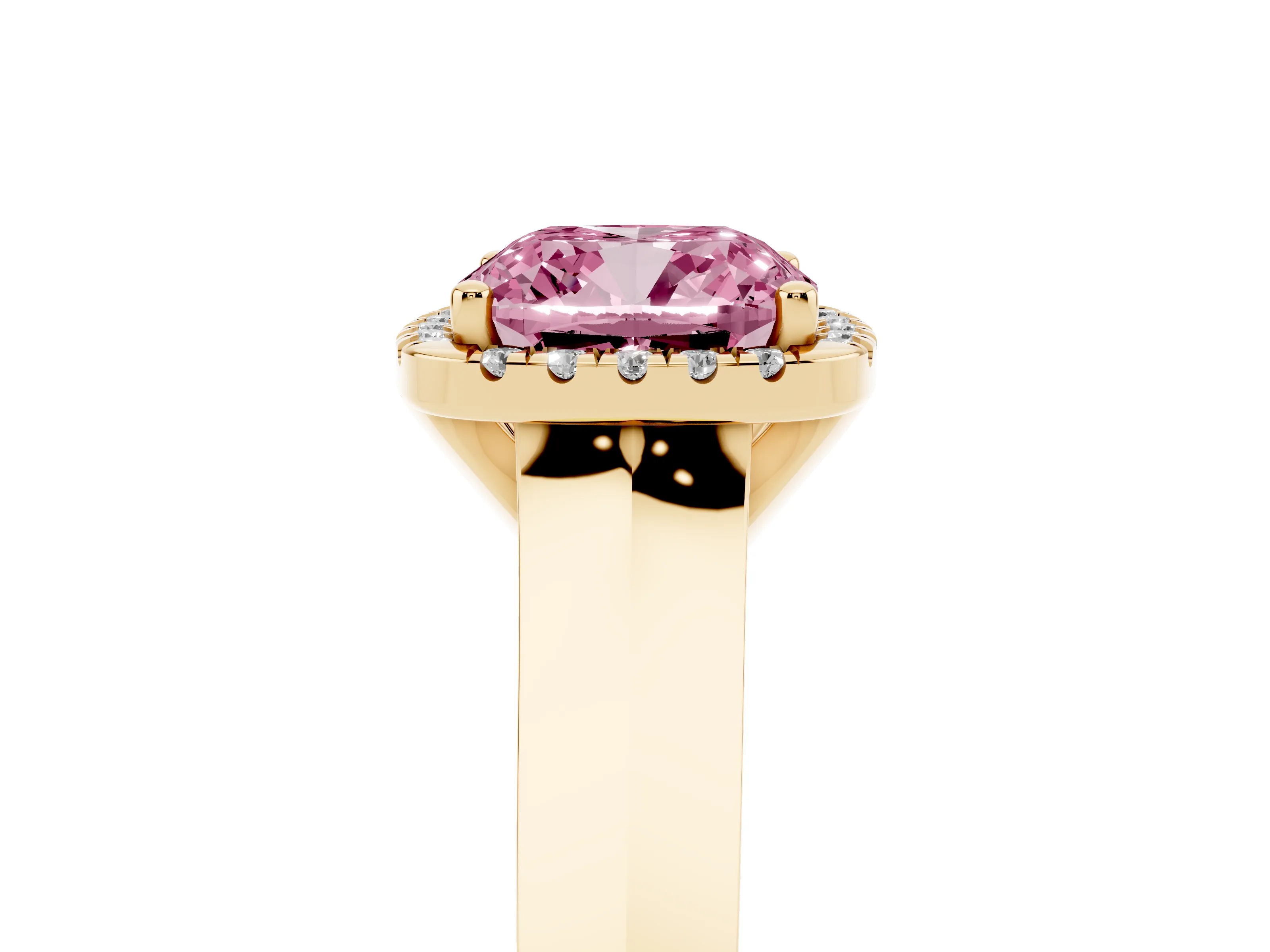 Fancy Pink Cushion Cut Diamond Halo Ring Set in Yellow gold with Cathedral Band and Prong Setting