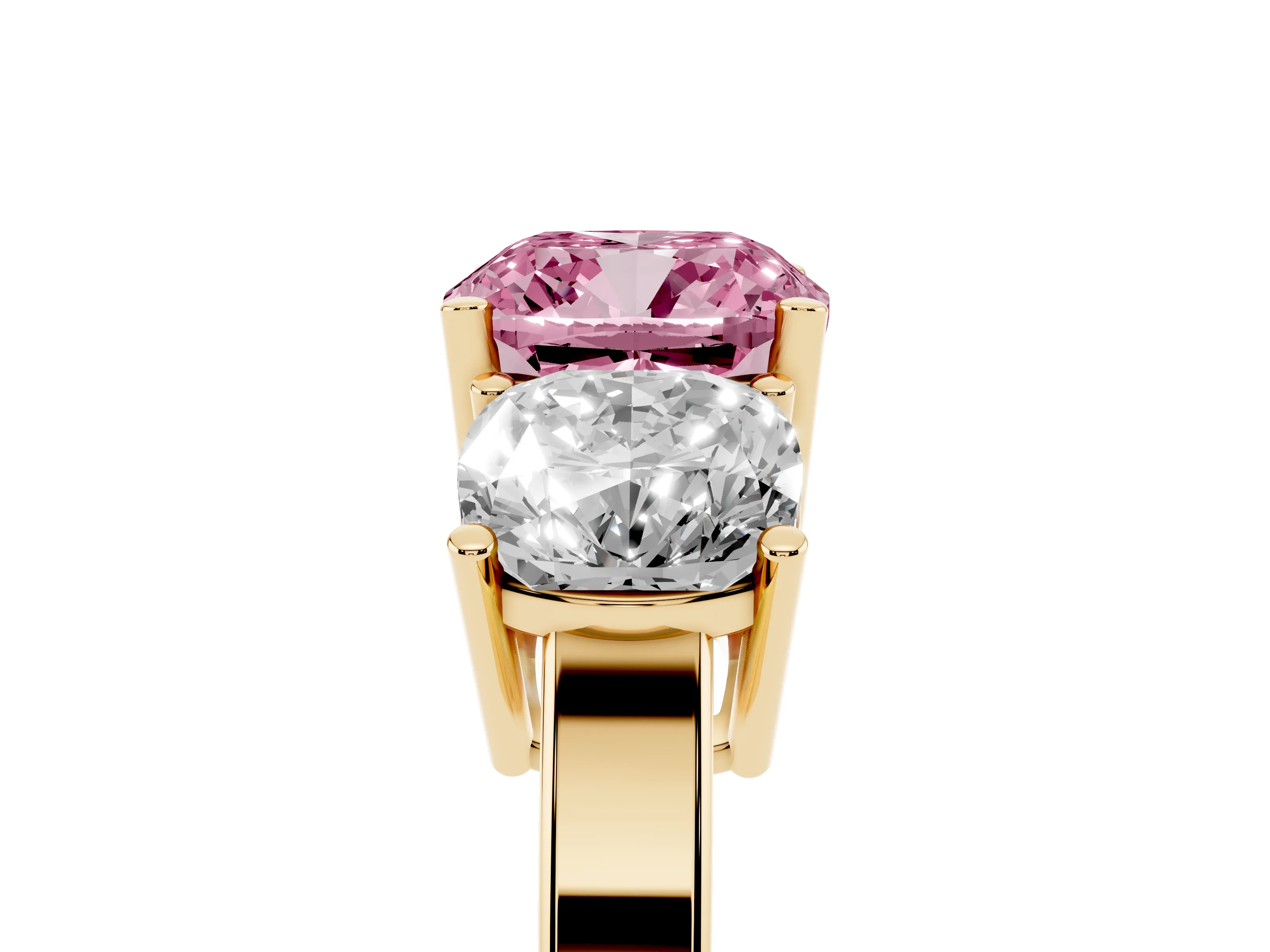 Fancy Pink Cushion Cut Diamond Three-Stone Engagement Ring Set in Yellow gold with Flat Band