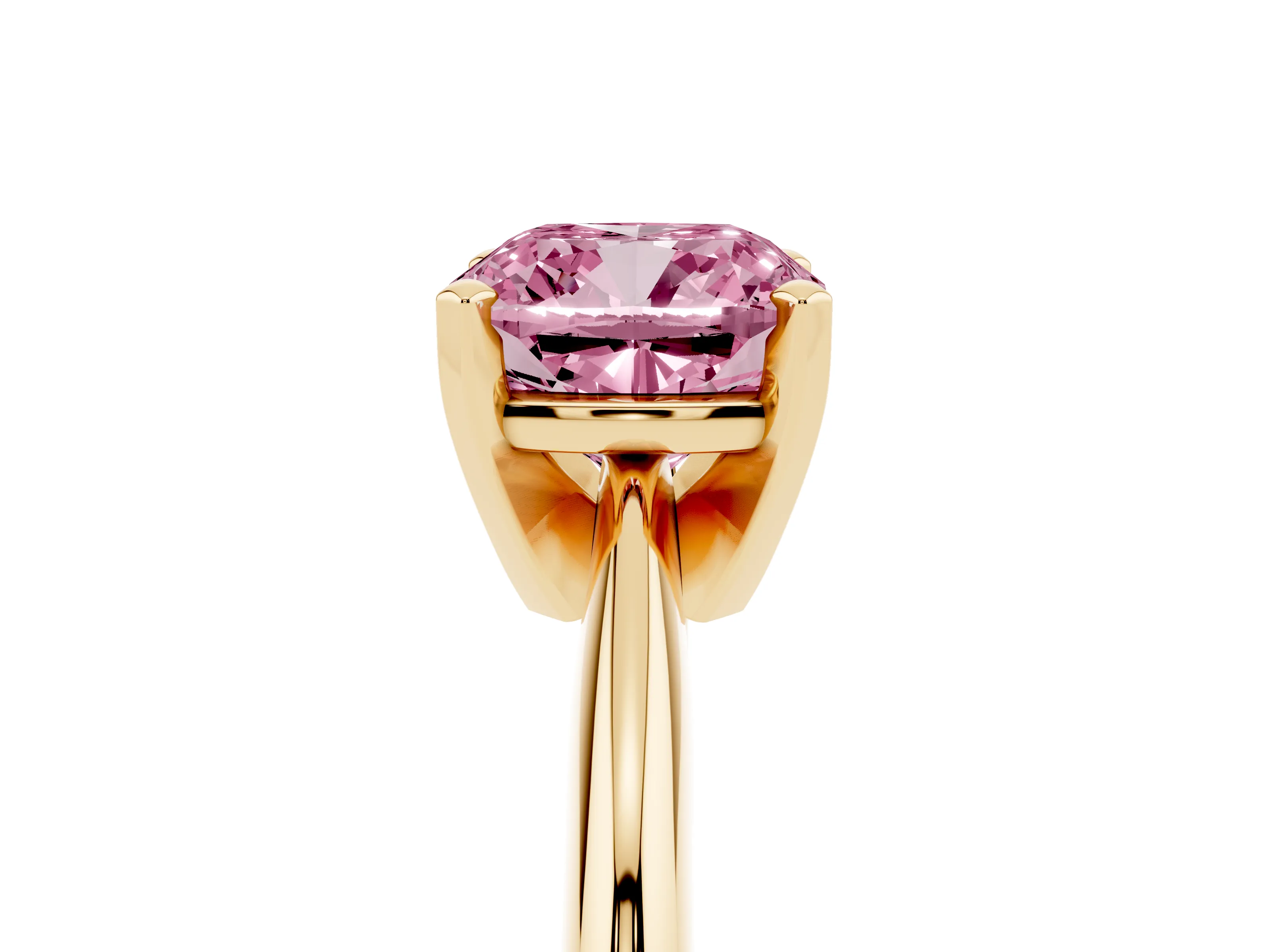 Fancy Pink Cushion Cut Diamond Solitaire Ring Set in Yellow gold with Prong Setting on a Plain Round Band