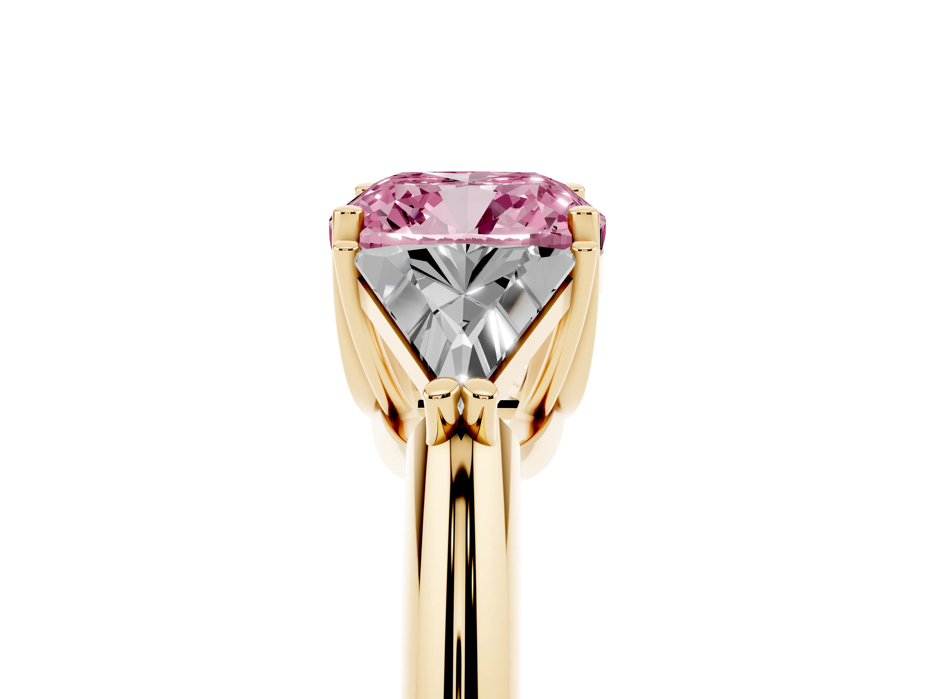 Fancy Pink Cushion Cut Diamond Three-Stone Engagement Ring Set in Yellow gold with Trillion Side Stones