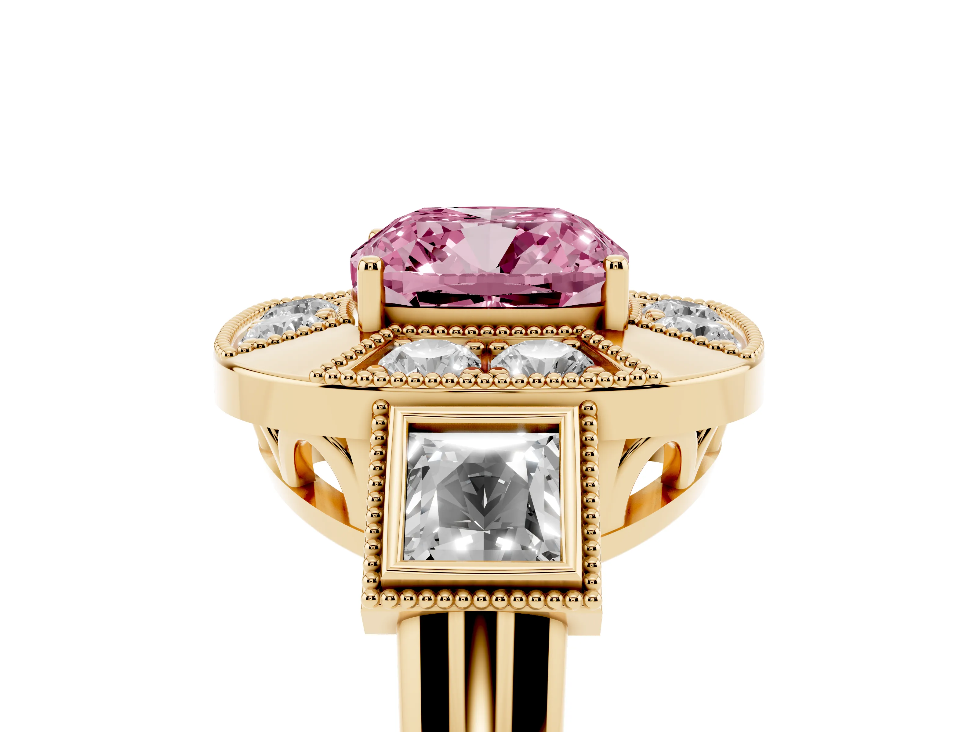 Fancy Pink Cushion Cut Diamond Milgrain Halo Ring Set in Yellow gold with Split Shank
