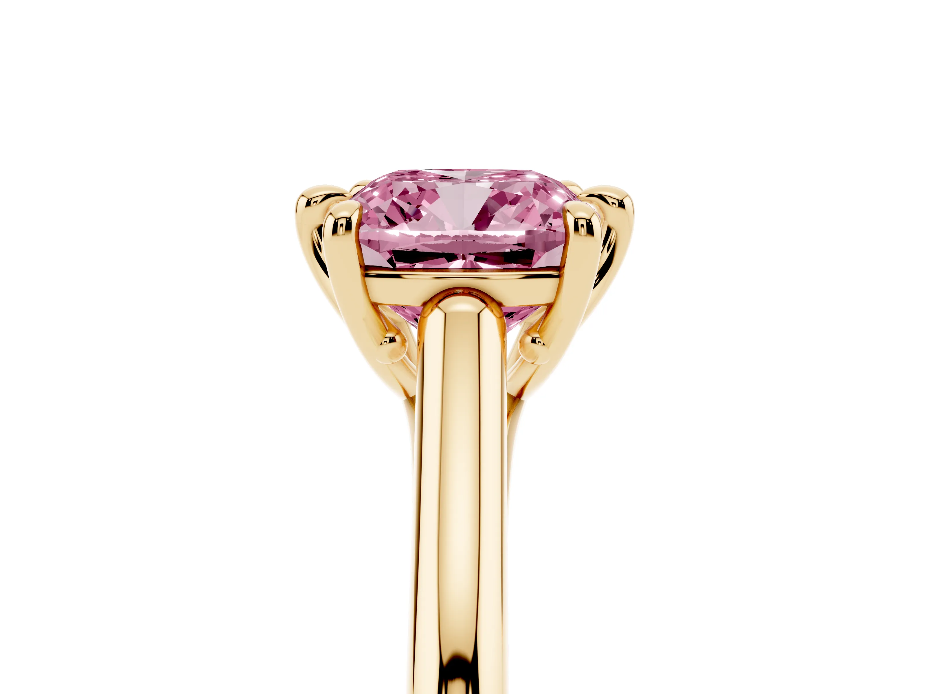 Fancy Pink Cushion Cut Diamond Solitaire Engagement Ring Set in Yellow gold with Prong Setting and Plain Classic Band
