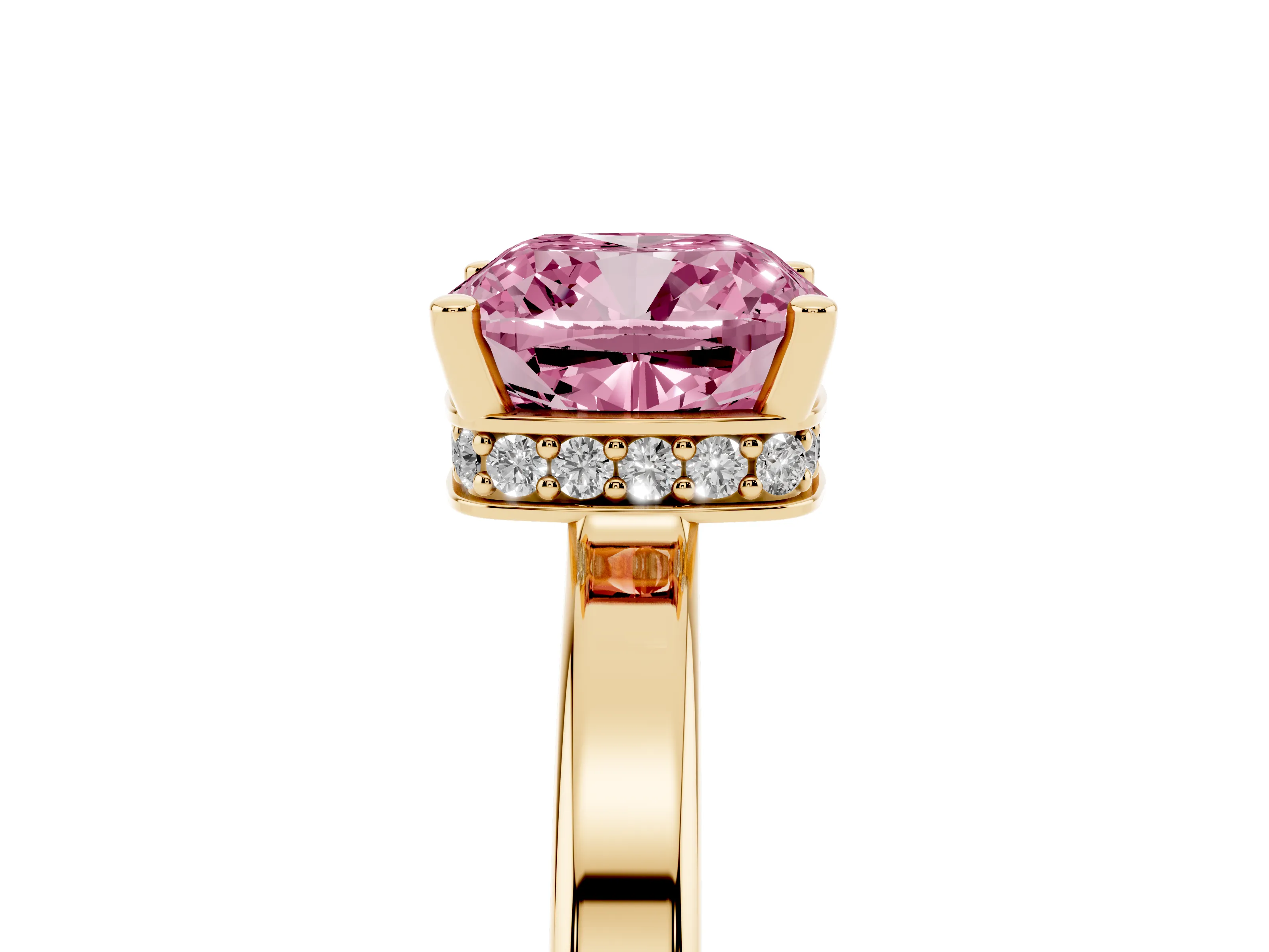 Fancy Pink Cushion Cut Diamond Solitaire Engagement Ring Set in Yellow gold with Prong Setting on a Plain Band