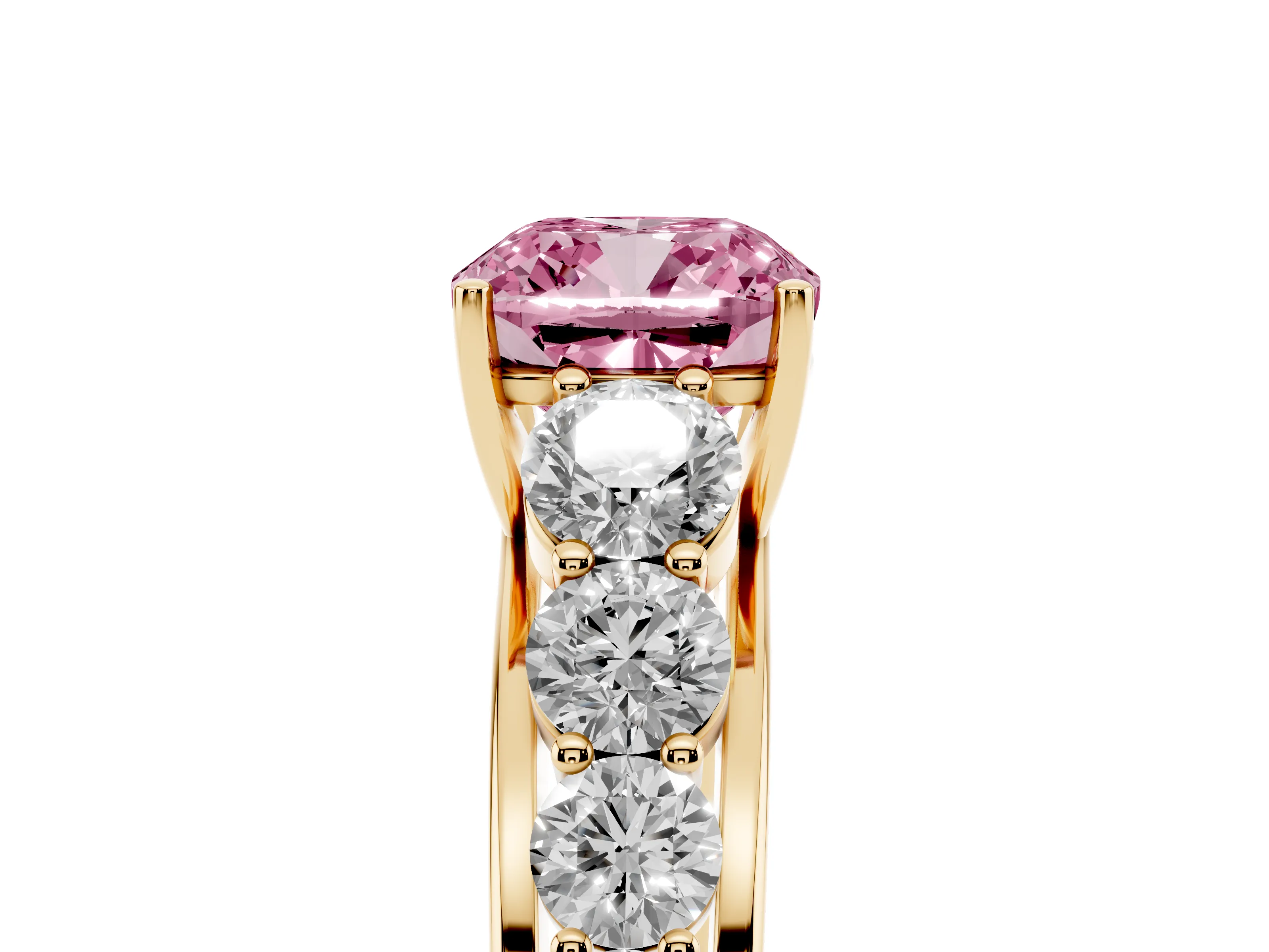 Fancy Pink Cushion Cut Diamond Solitaire Ring Set in Yellow gold with Pavé-Set Band and Prong Setting