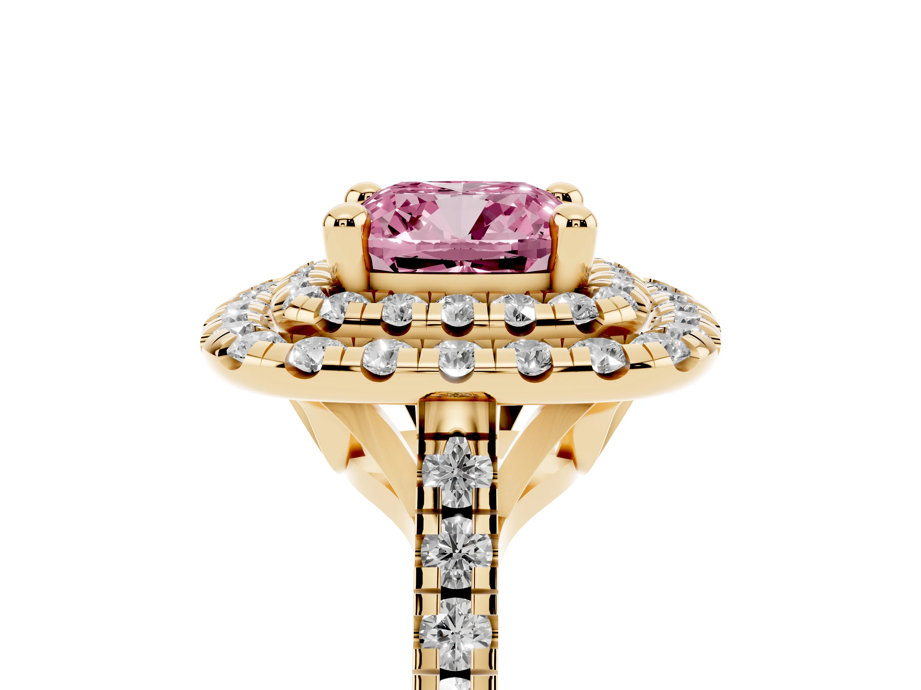 Fancy Pink Cushion Cut Diamond Double Halo Statement Ring Set in Yellow gold with Pavé Band
