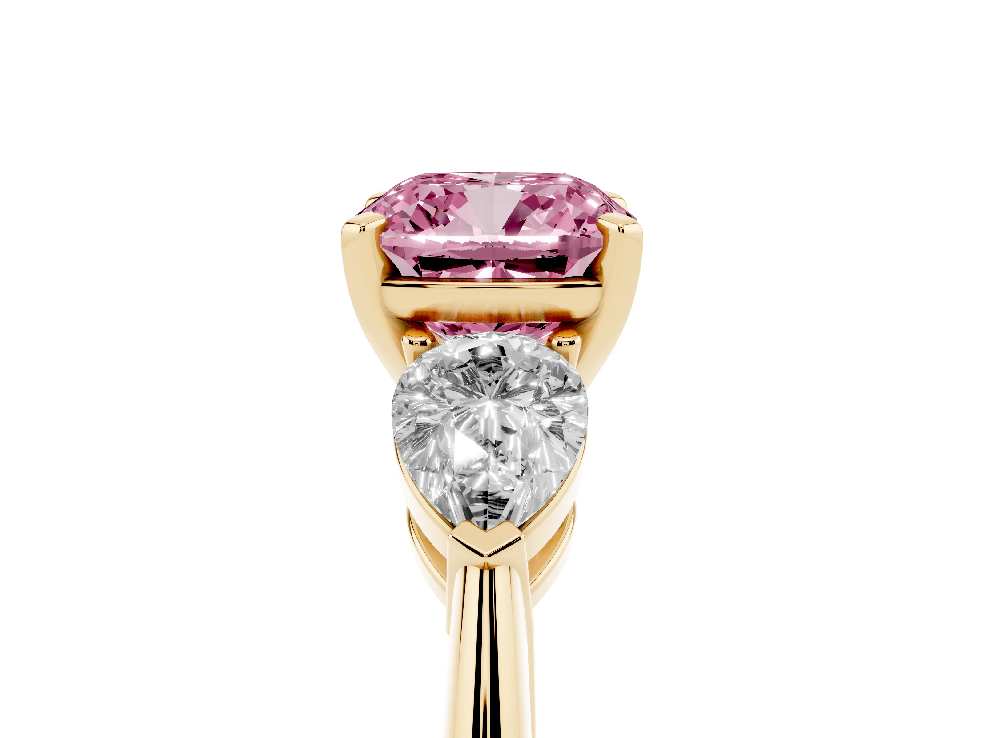 Fancy Pink Three-Stone Cushion Cut Diamond Ring Set in Yellow gold with Pear Side Stones and Prong Setting