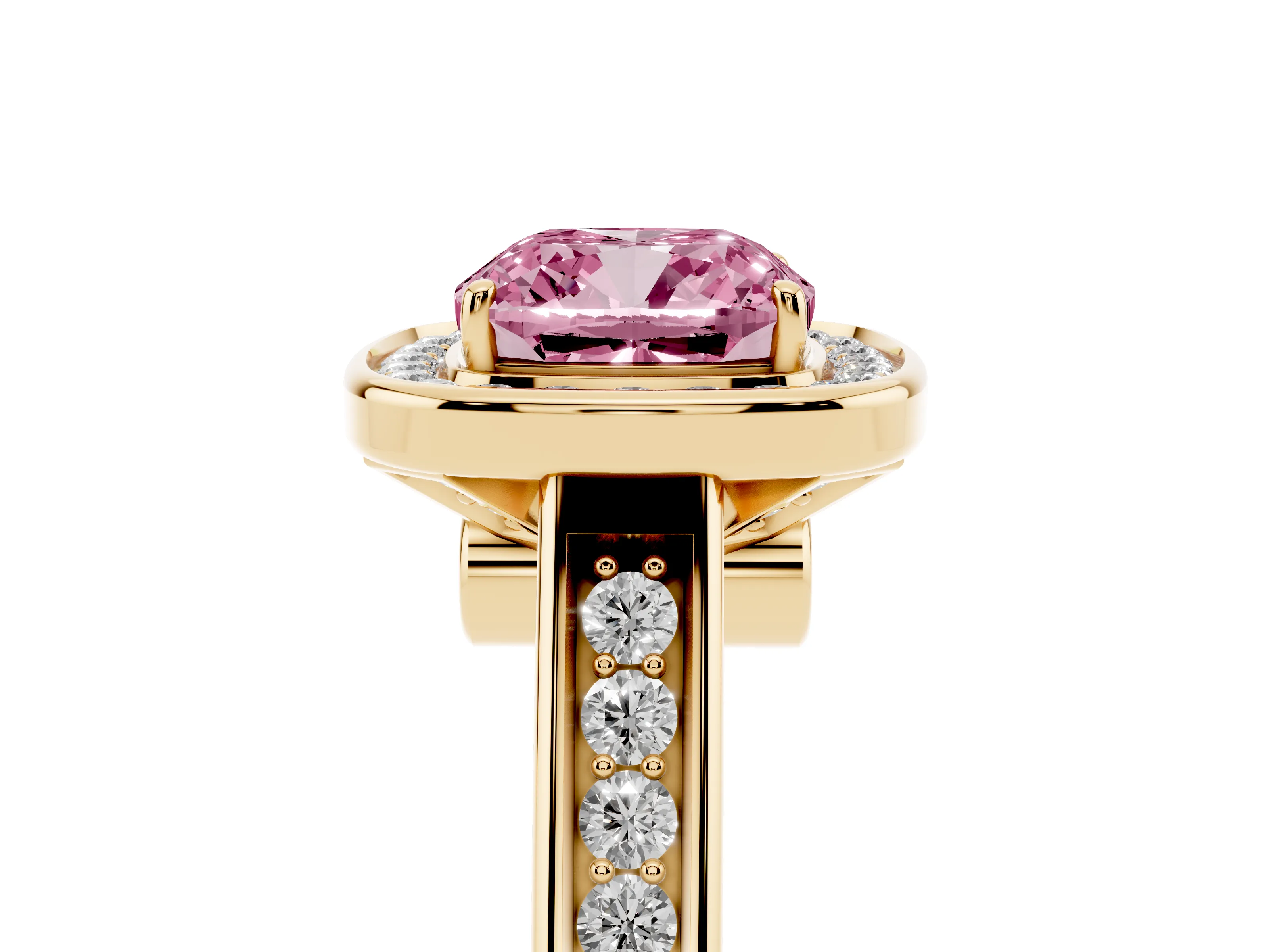 Fancy Pink Cushion Cut Diamond Halo Solitaire Ring Set in Yellow gold with Pavé Band and Bezel Setting