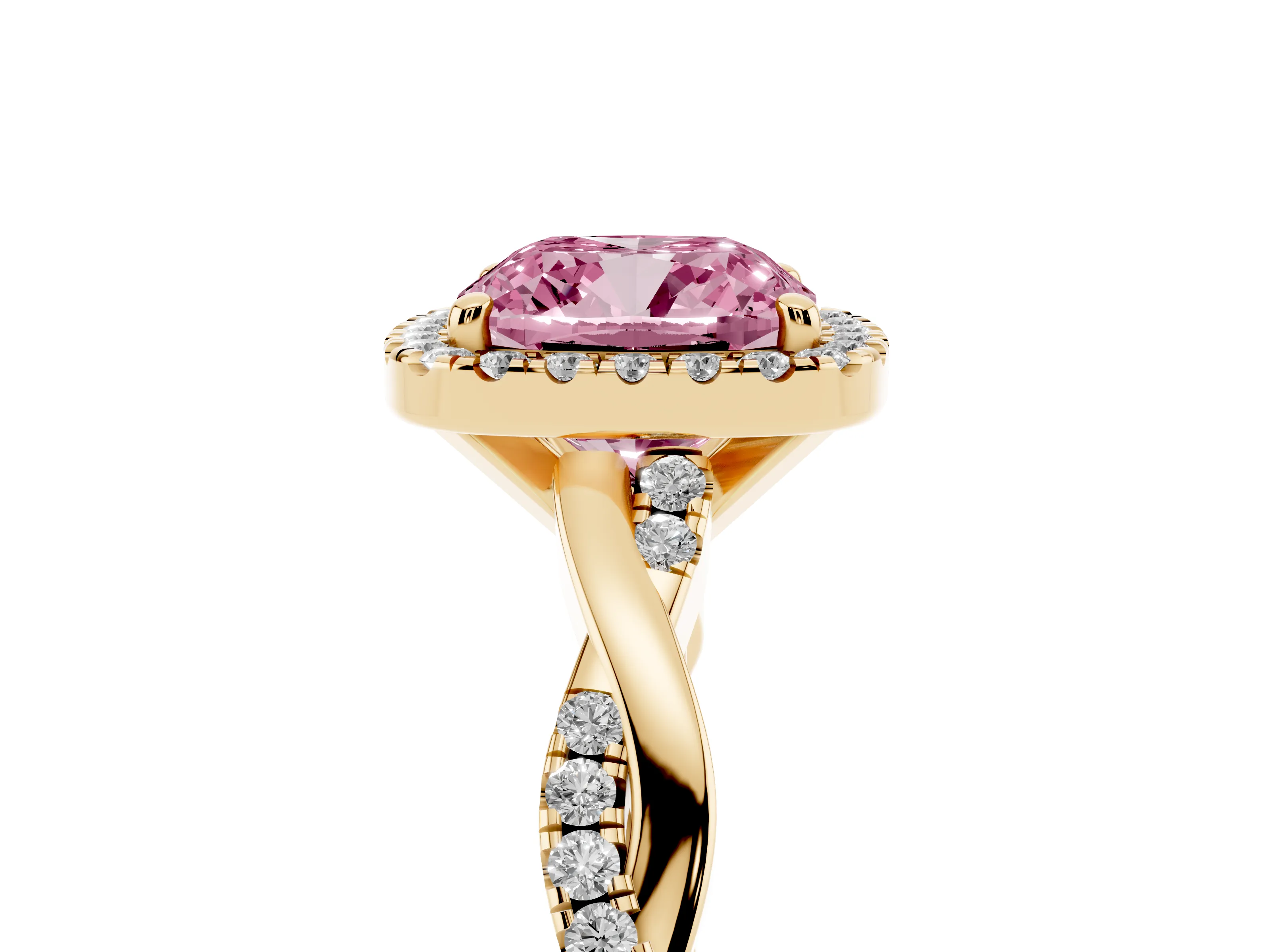 Fancy Pink Cushion Cut Diamond Halo Twisted Band Ring Set in Yellow gold with Prong Setting