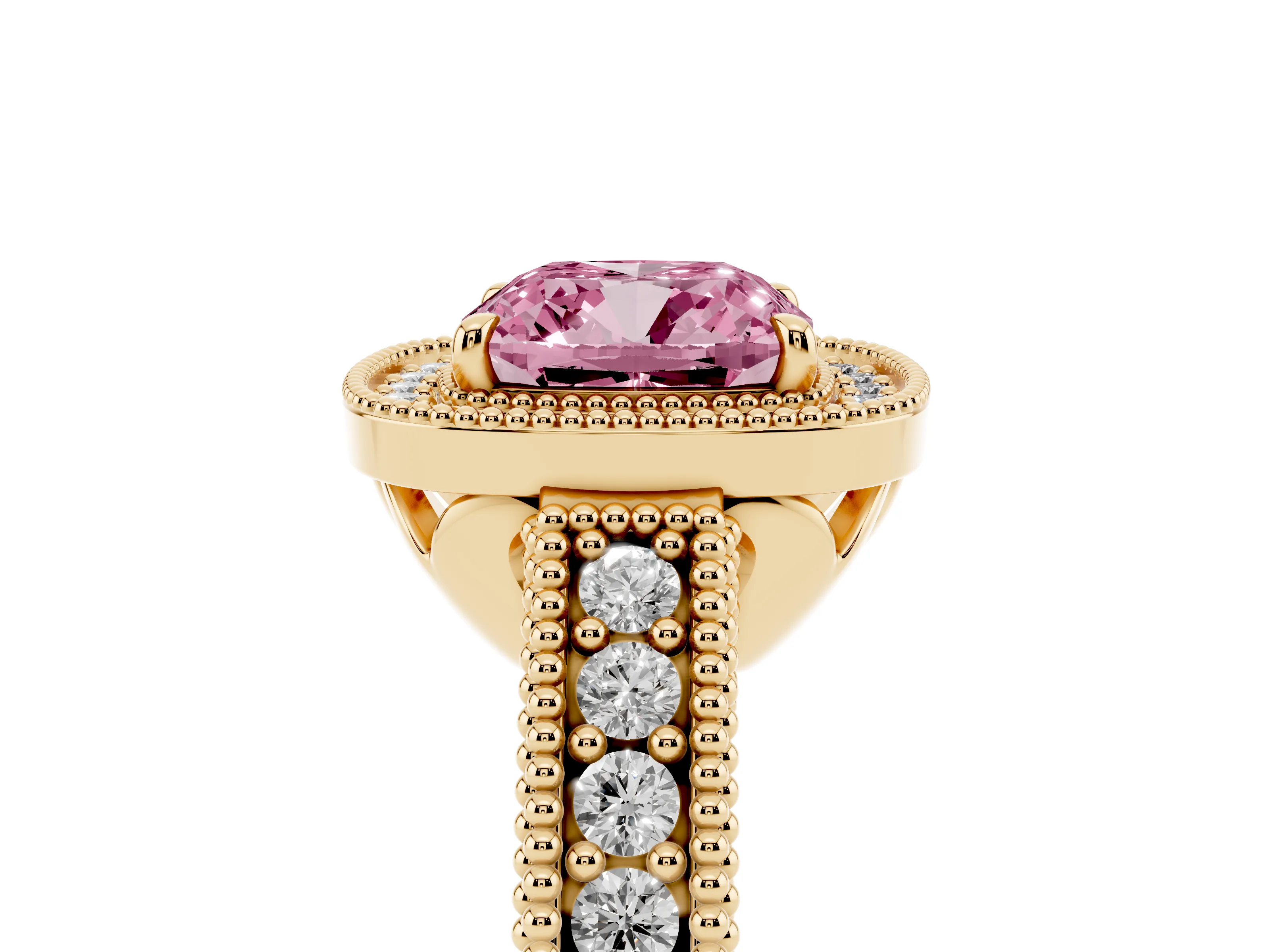 Fancy Pink Cushion Cut Diamond Halo Ring Set in Yellow gold with Round Accent Halo, Pavé Band and Prong Setting
