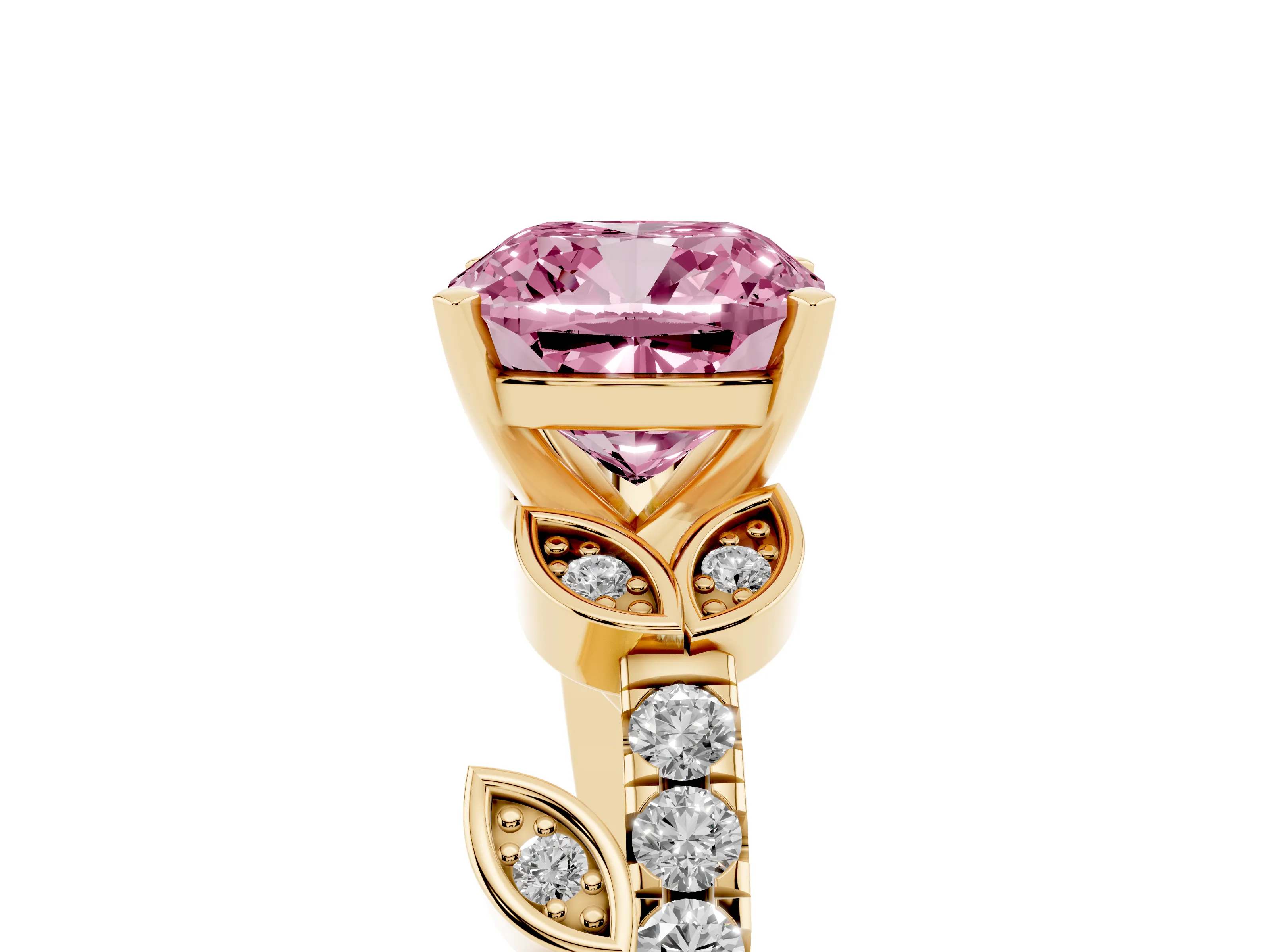 Fancy Pink Cushion Cut Diamond Solitaire Leaf-Inspired Ring Set in Yellow gold with Pavé Band and Prong Setting