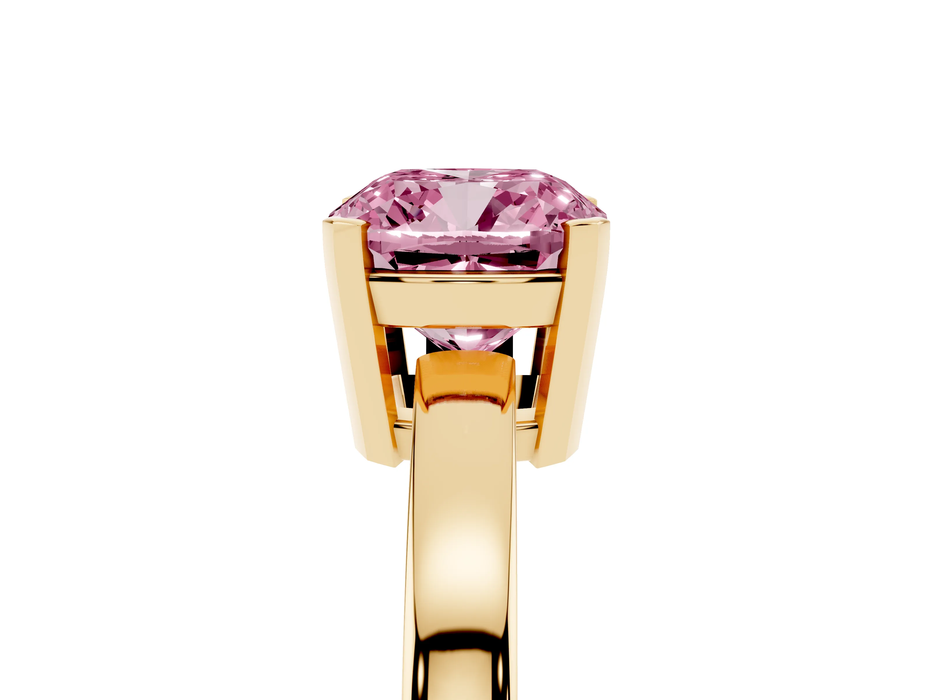 Fancy Pink Cushion Cut Diamond Solitaire Ring Set in Yellow gold with Prong Head and Smooth Polished Band