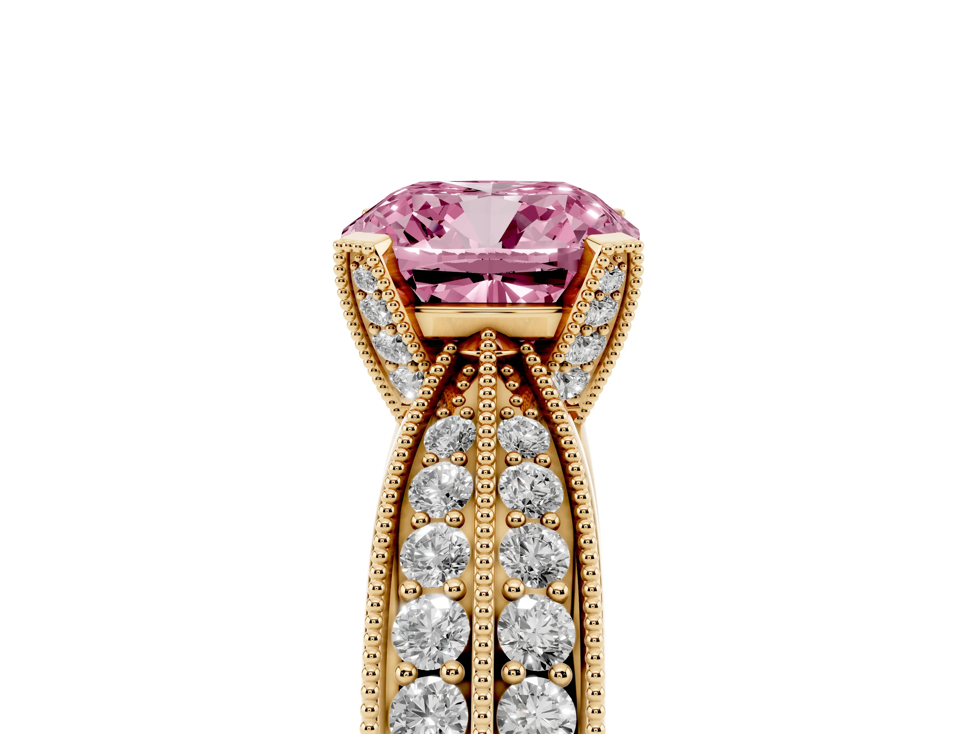 Fancy Pink Cushion Cut Diamond Solitaire Ring Set in Yellow gold with Milgrain Double Row Round Pavé Band