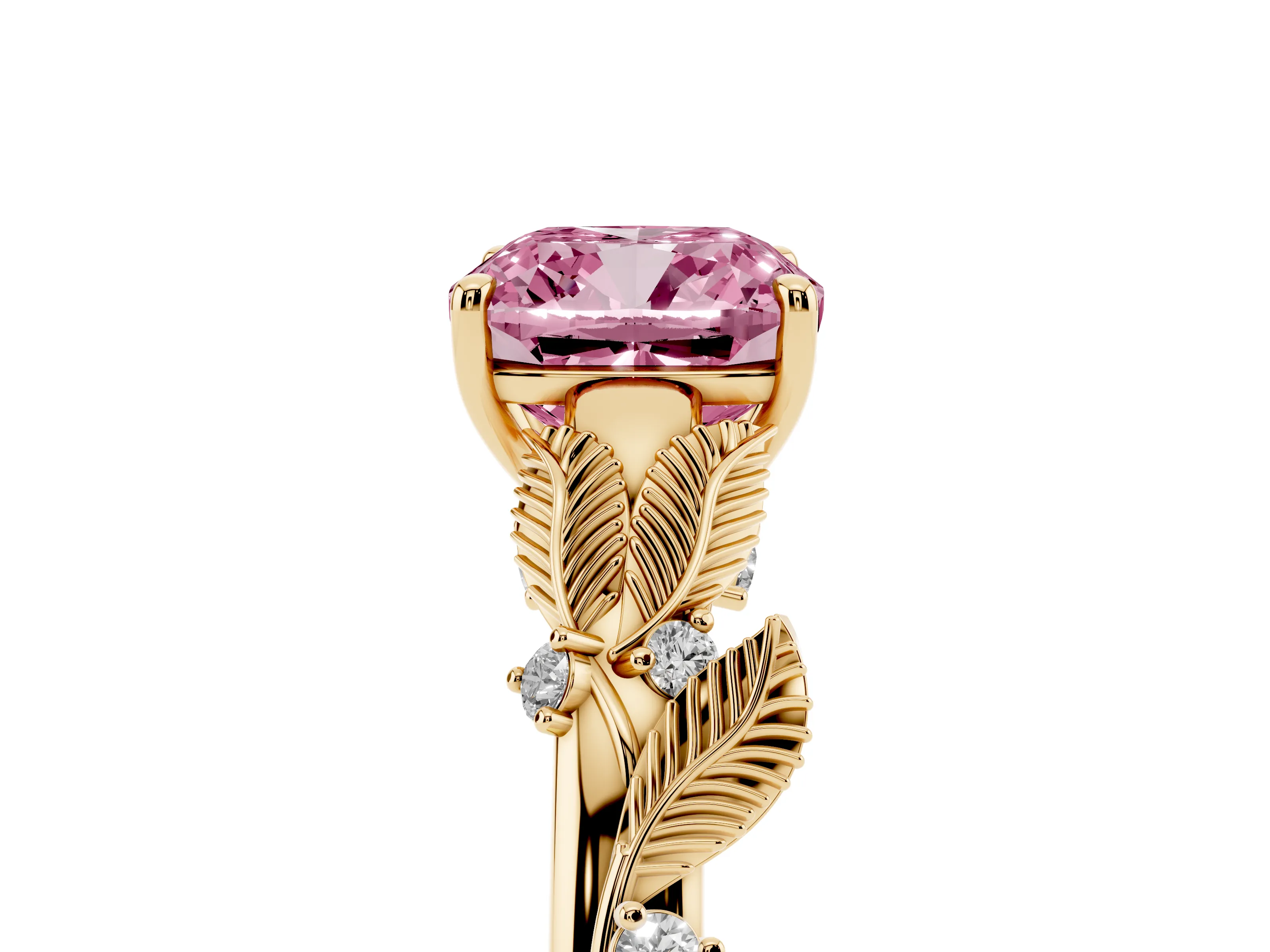 Fancy Pink Cushion Cut Diamond Solitaire Ring Set in Yellow gold with Leaf Motif Band