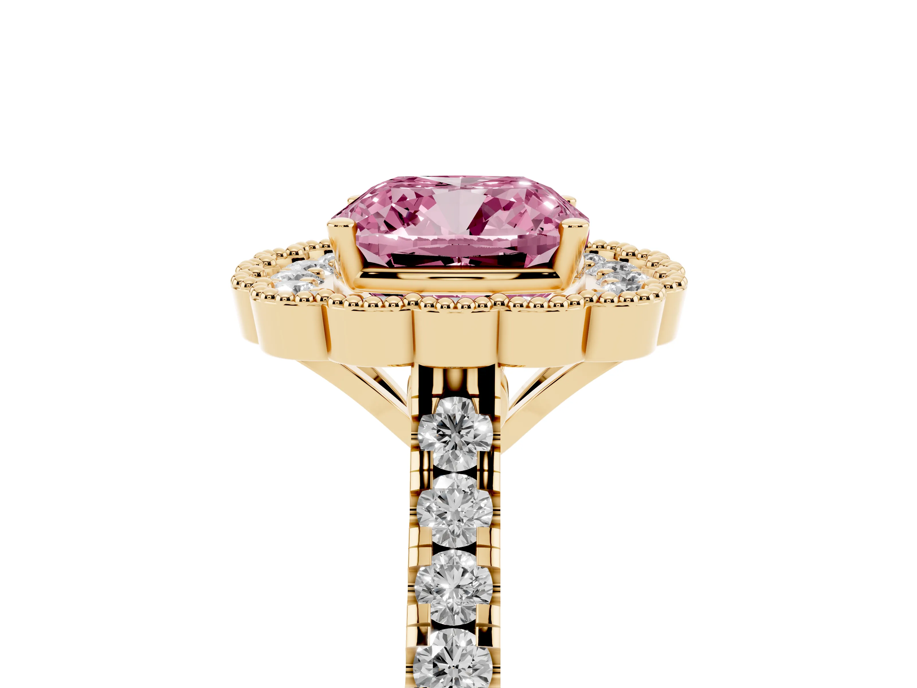 Fancy Pink Cushion Cut Diamond Milgrain Floral Halo Engagement Ring Set in Yellow gold with Pavé Band