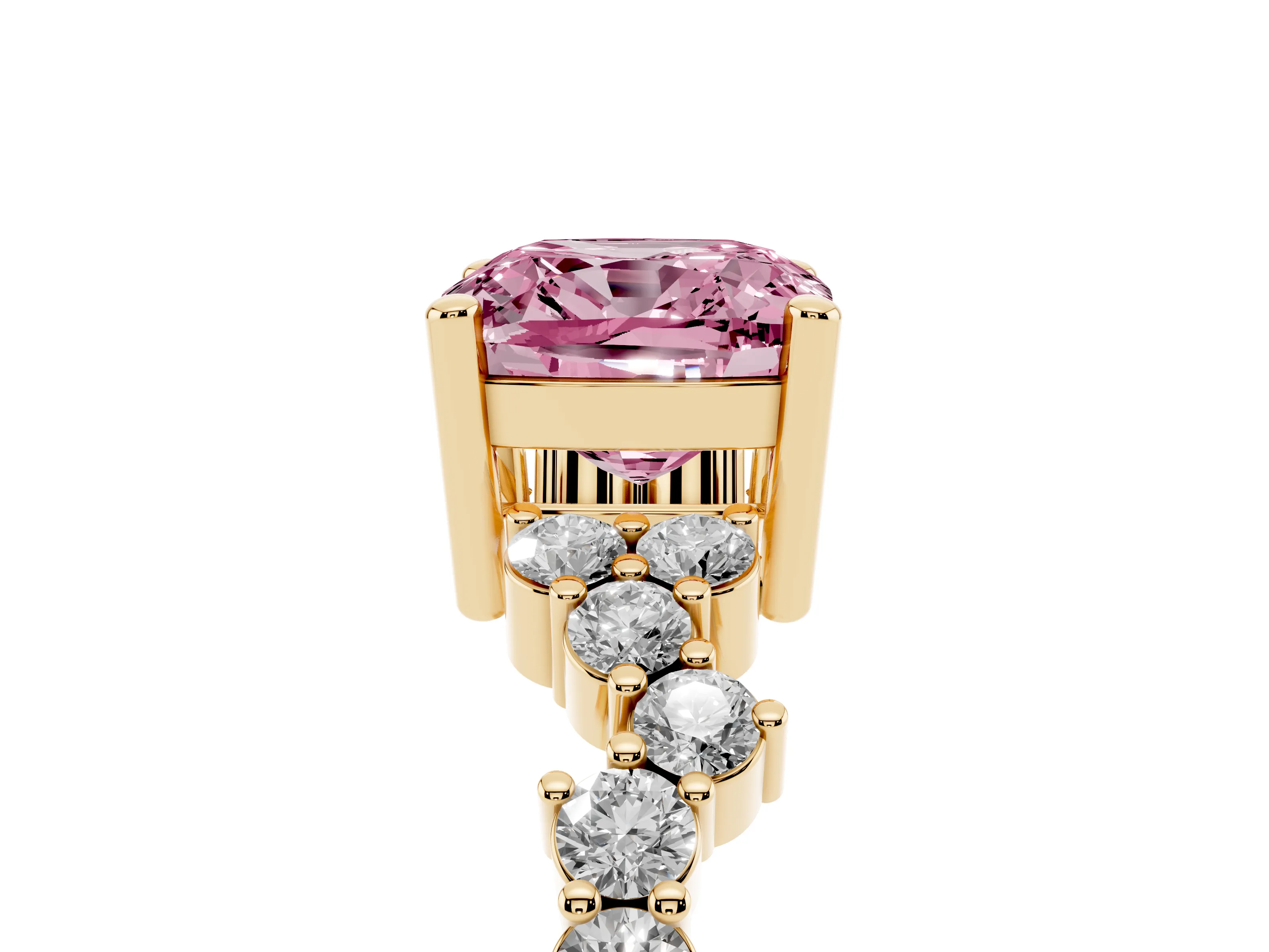 Fancy Pink Cushion Cut Diamond Ring Set in Yellow gold with Scattered Round Accents