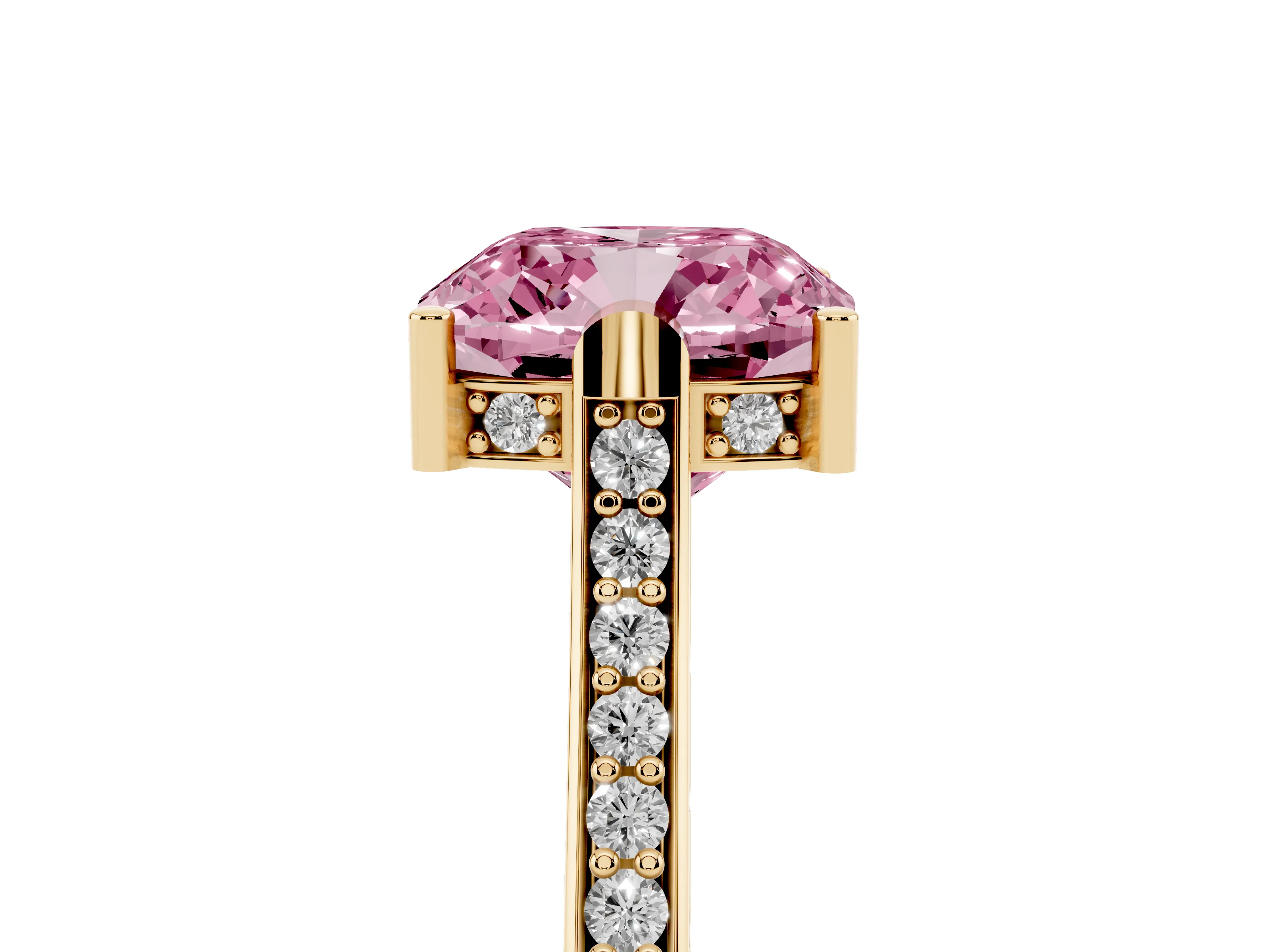 Fancy Pink Cushion Cut Diamond Solitaire Ring Set in Yellow gold with Channel Set Band and Bezel Prong Setting