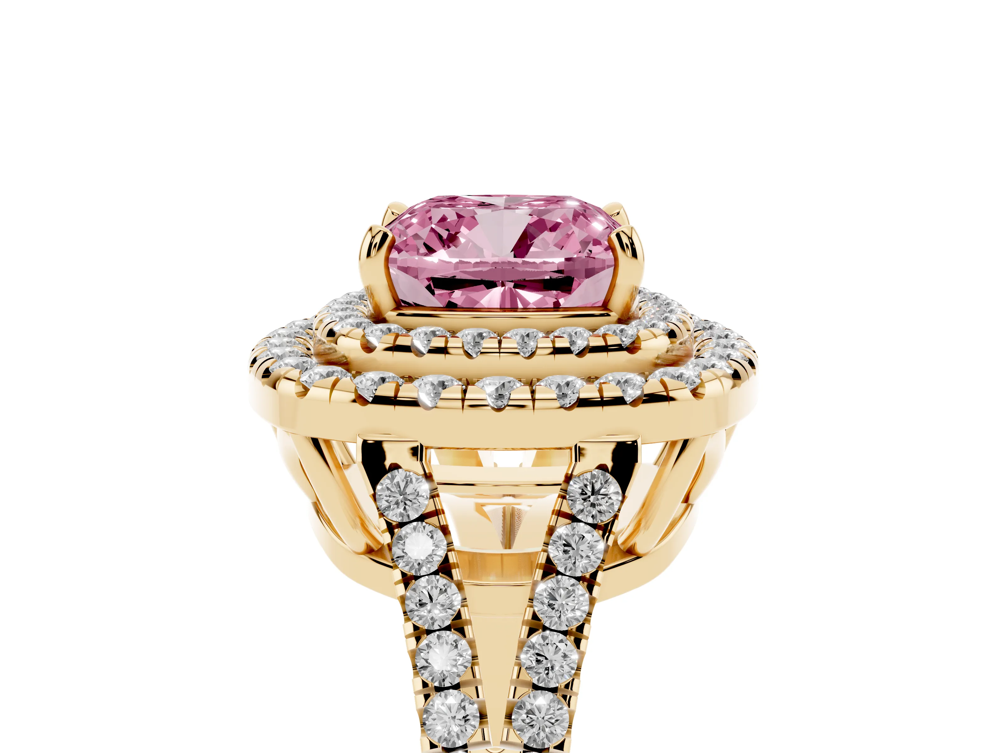 Fancy Pink Cushion Cut Diamond Double Halo Ring Set in Yellow gold with Pavé Band