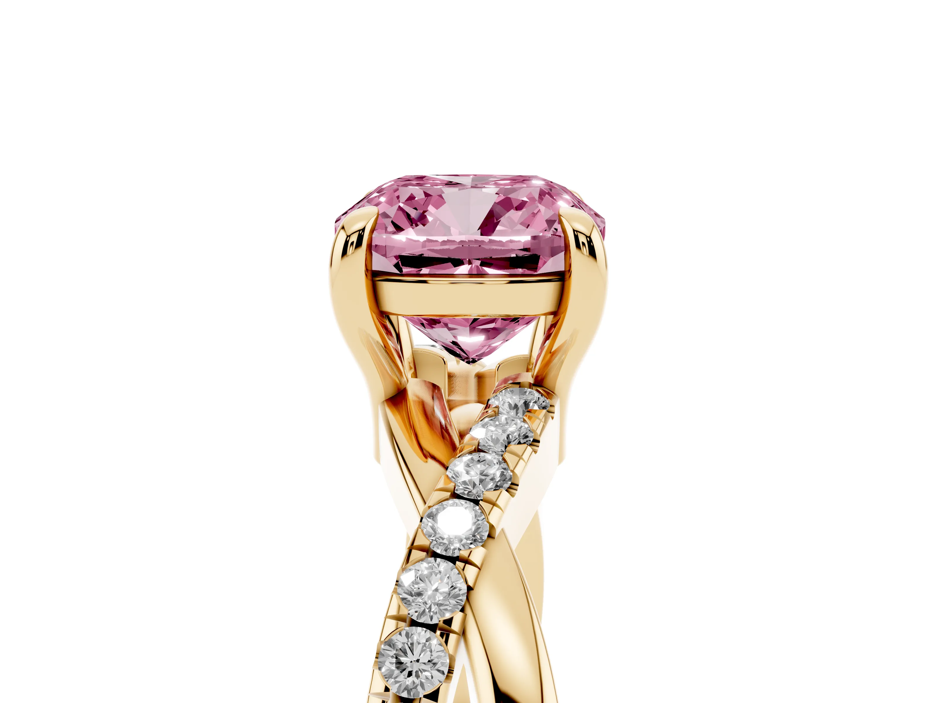 Fancy Pink Cushion Cut Diamond Twist Band Pavé Solitaire Ring Set in Yellow gold with Prong Setting