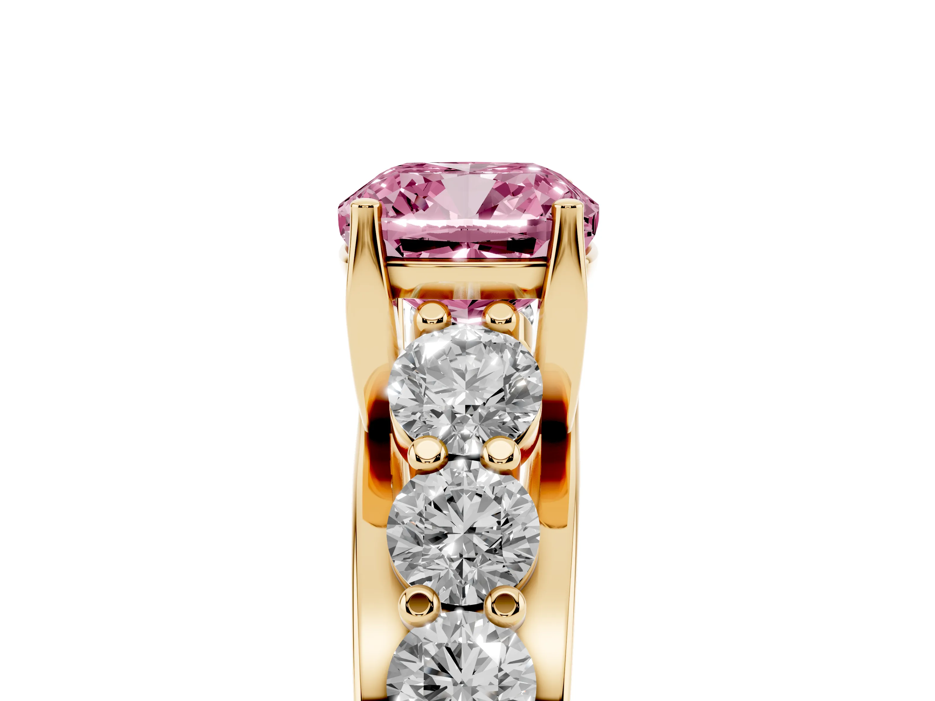 Fancy Pink Cushion Cut Diamond Pavé Engagement Ring Set in Yellow gold with Prong Setting