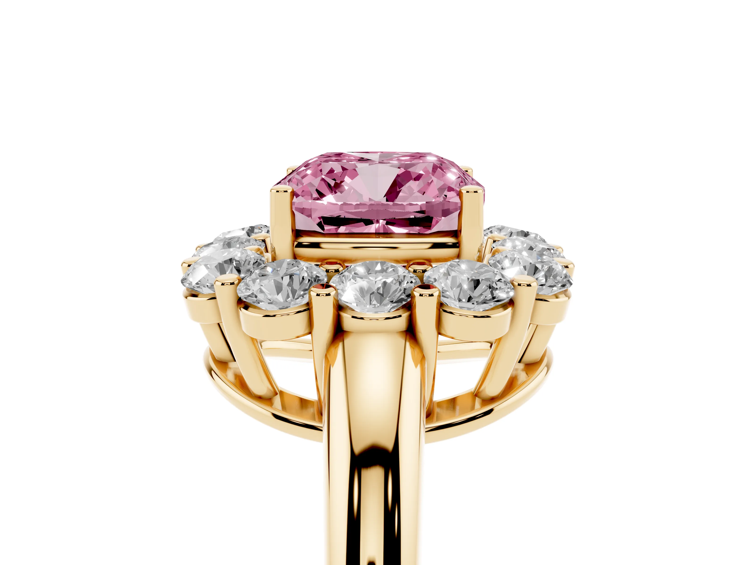 Fancy Pink Cushion Cut Diamond Halo Cluster Engagement Ring Set in Yellow gold with Polished Band and Prong Setting