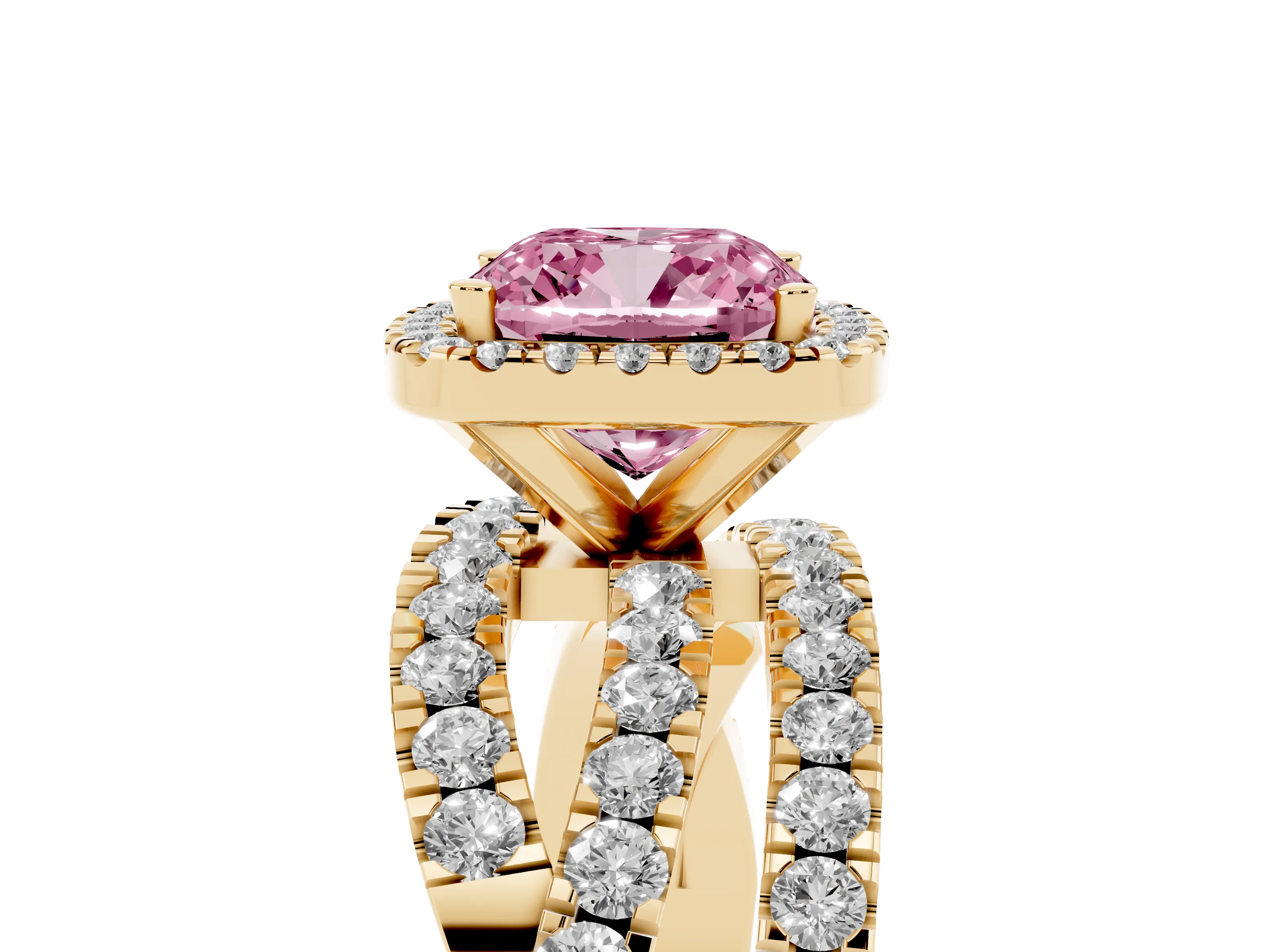 Fancy Pink Cushion Cut Diamond Halo Ring Set in Yellow gold with Round Crossover Split Shank and Prong Setting