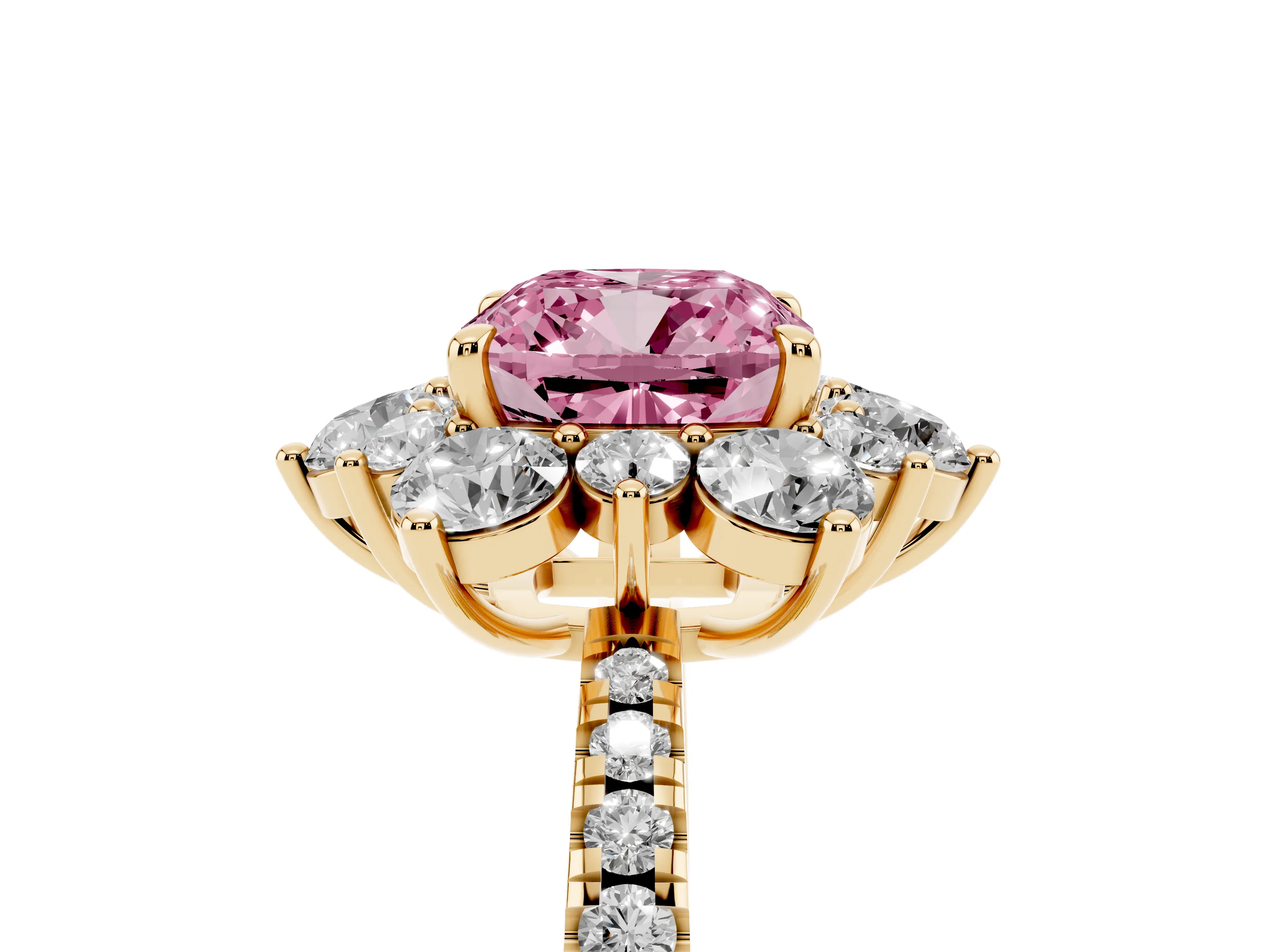 Fancy Pink Cushion Cut Diamond Floral Halo Ring Set in Yellow gold with Round Pavé Band and Prong Setting