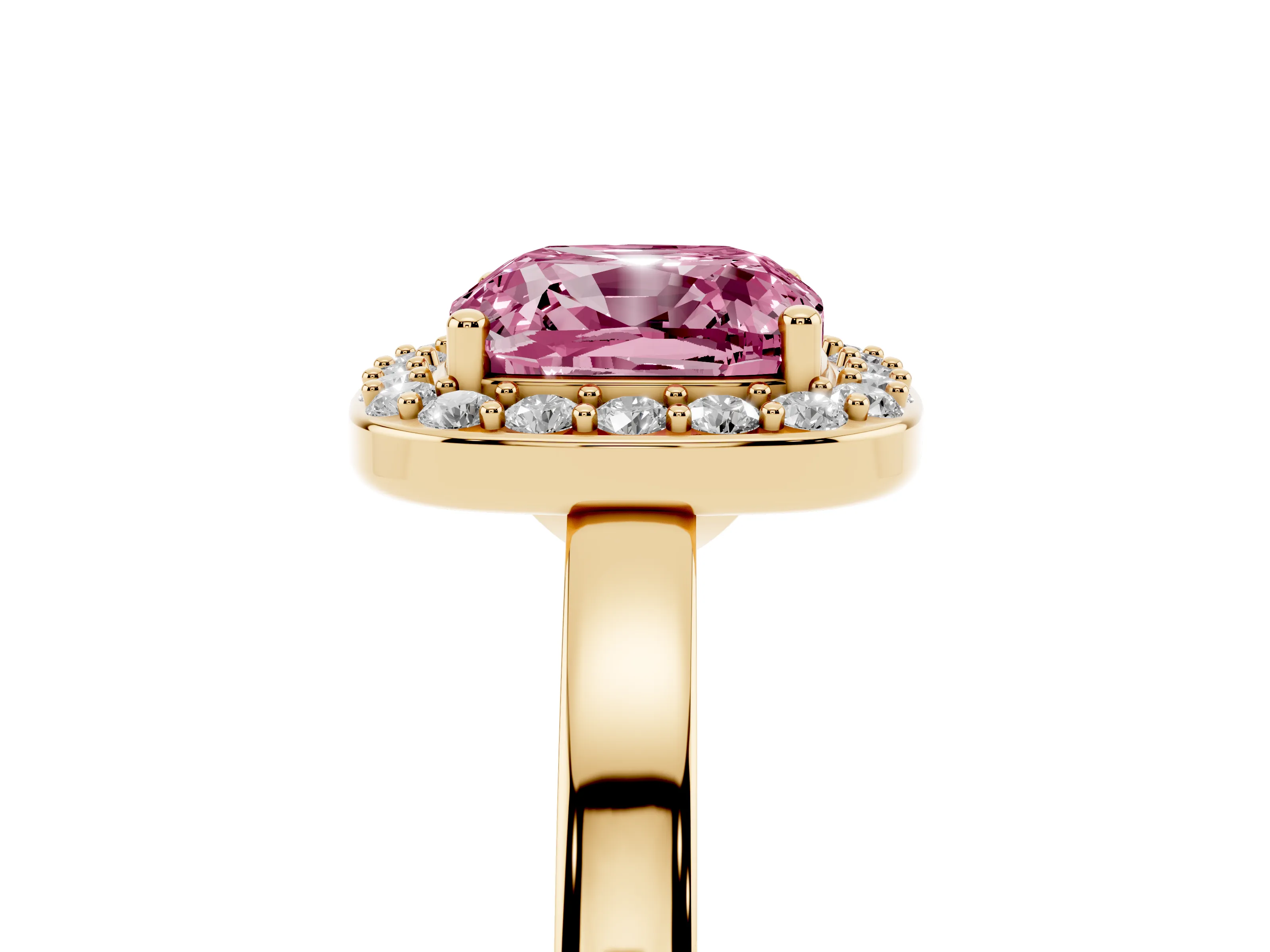 Fancy Pink Cushion Cut Diamond Halo Ring Set in Yellow gold with Solitaire Band and Prong Setting